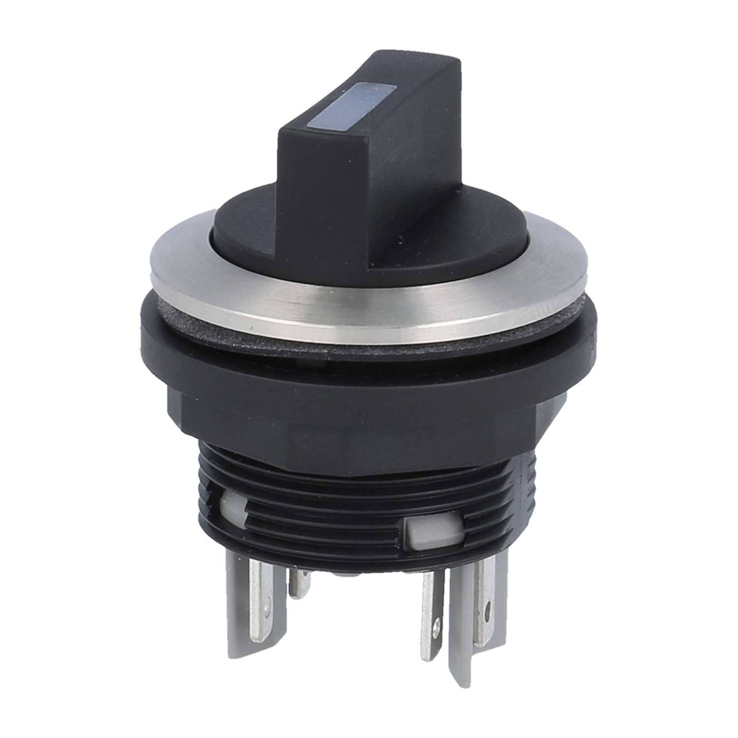 „Ein schwarzer und silberner Drehschalter mit einem rechteckigen Knopf und vier Metallverbindern an der Basis, für elektronische Anwendungen.