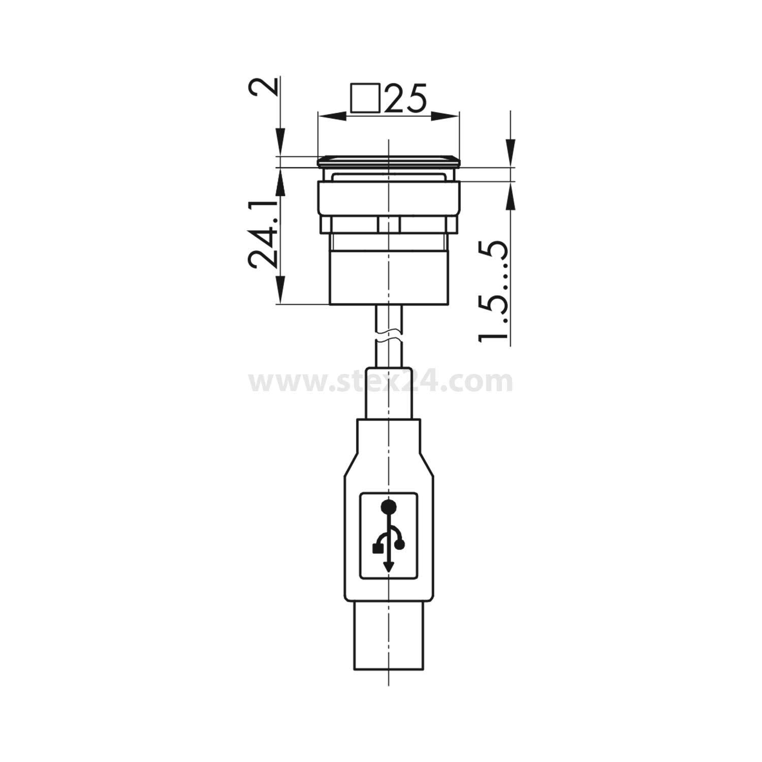 Technische Zeichnung eines USB-Symbols auf einer zylindrischen Komponente. Abmessungen: 24,1 mm Höhe, 25 mm Breite und 1,5-5 mm Abschnitttiefe.
