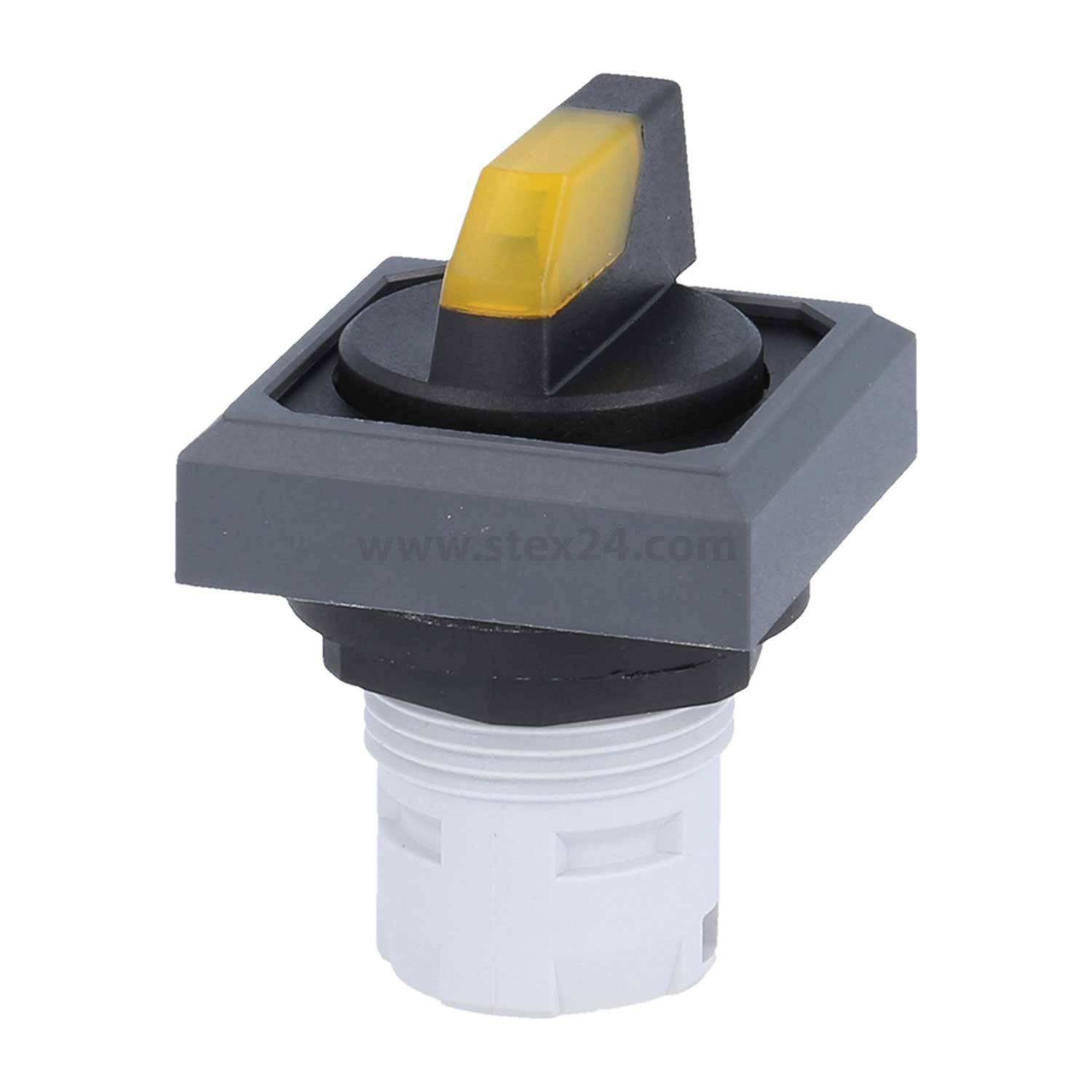 Ein quadratischer, grauer Drucktaster mit einem erhabenen, gelben Pfeil auf der Oberseite. Entwickelt zur Steuerung elektronischer Geräte.