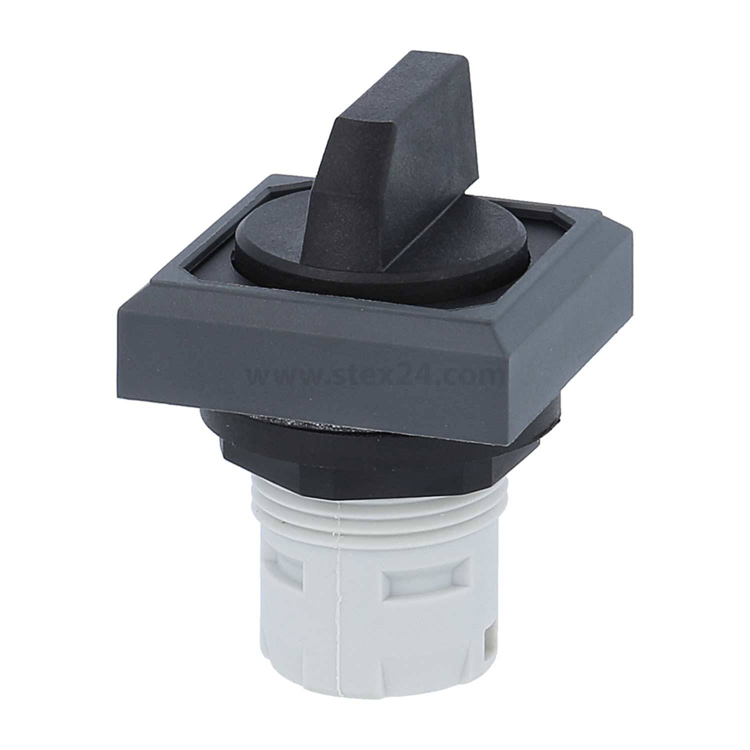 Schwarzer und grauer Kippschalter, quadratisch geformt, auf einer weißen Basis montiert, zum Steuern elektrischer Schaltkreise.