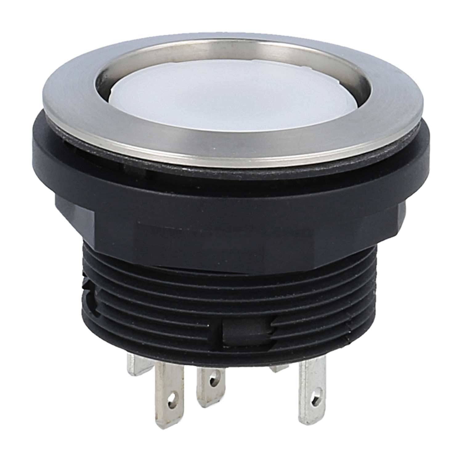 Runder Druckschalter mit einem silbernen Metallring und schwarzer Kunststoffbasis, ausgestattet mit mehreren Anschlussbolzen an der Unterseite.