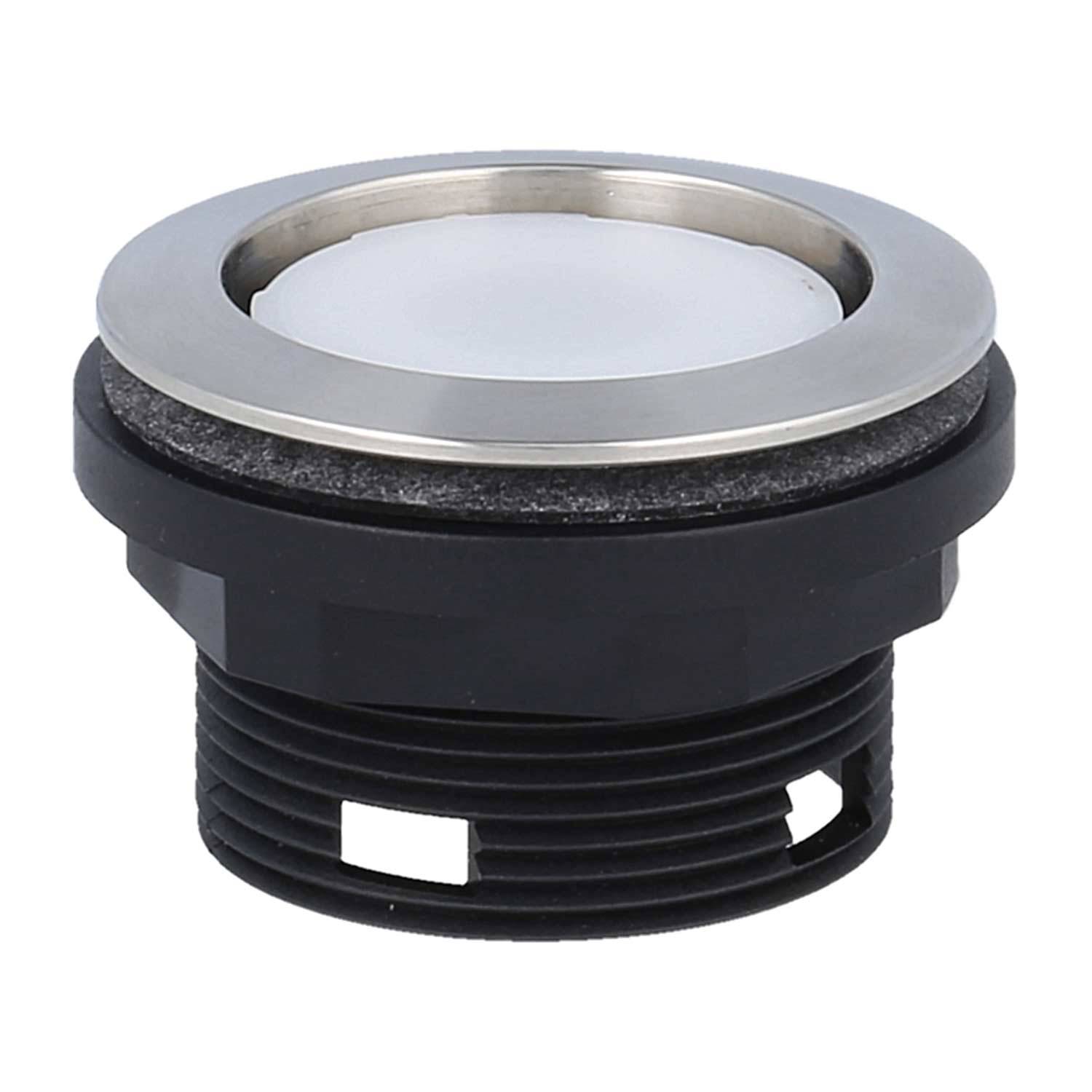 Eine runde schwarze Abflussabdeckung aus Kunststoff und Metall mit flacher Oberseite und gewindeter Basis, die für die Installation in Spüle oder Waschbecken konzipiert ist.