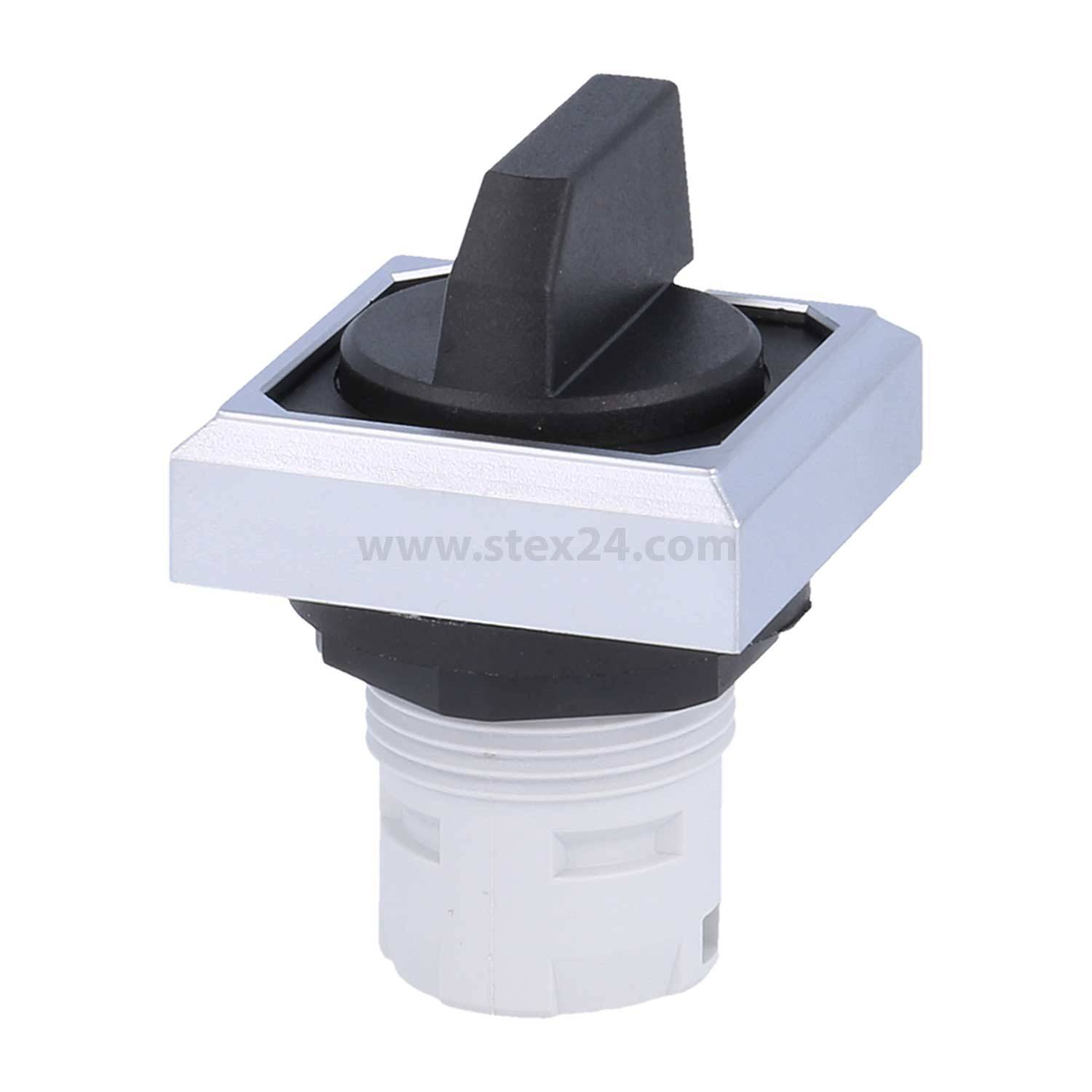 Ein quadratischer, schwarzer Kippschalter mit silbernem Rahmen, zum Einbau in eine Schalttafel vorgesehen, leicht nach oben und links geneigt.