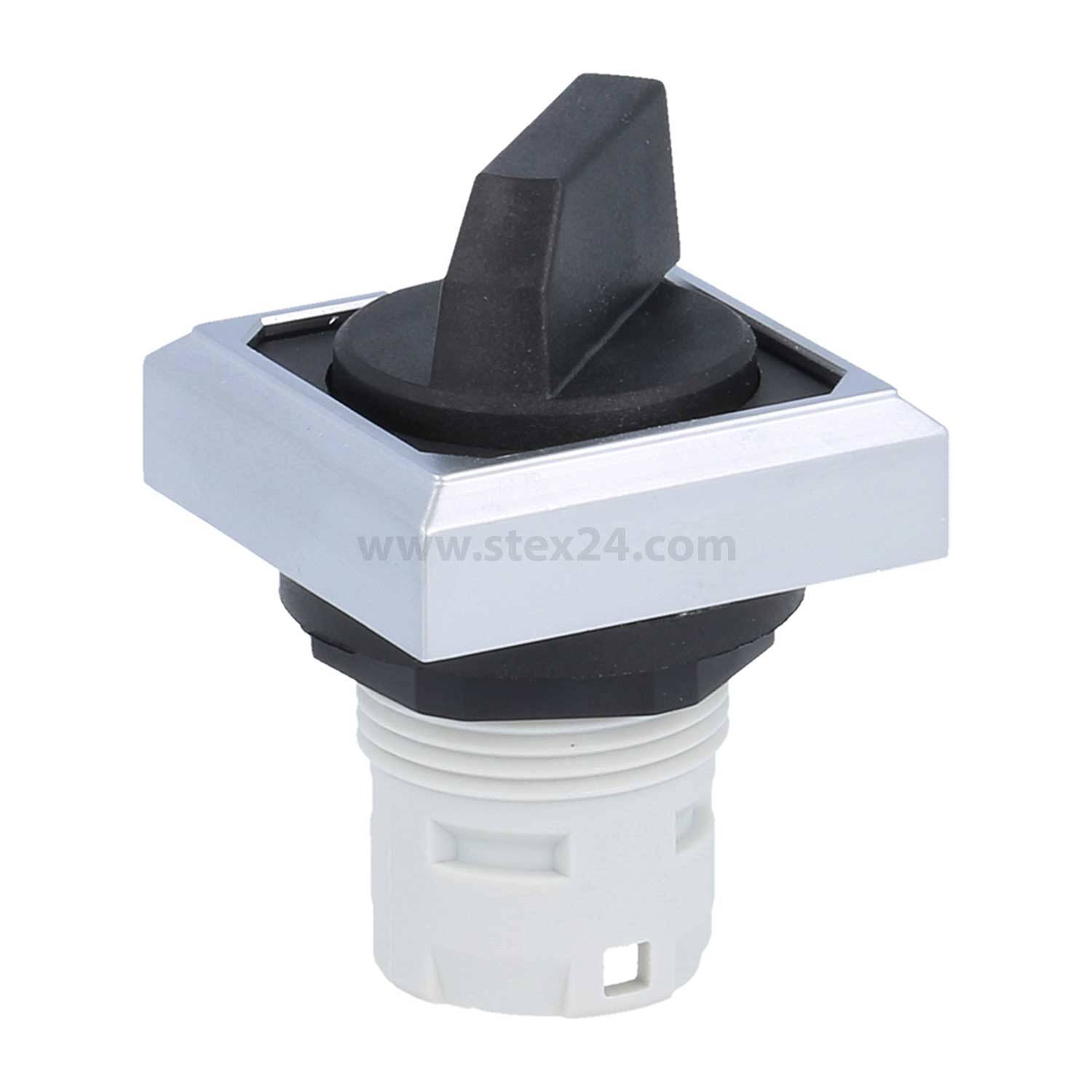 Ein schwarzer und silberner Drehschalter mit quadratischem Blenden und weißer Kunststoffbasis, verwendet zur Steuerung elektronischer Geräte.