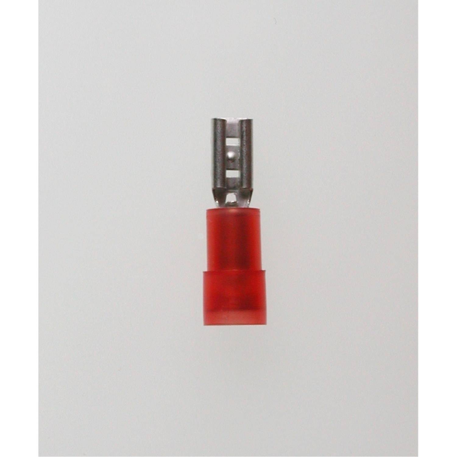 Ein roter isolierter Schnelltrennstecker-Buchsenanschluss, der üblicherweise in der elektrischen Verdrahtung zum sicheren Verbinden von Leitungen verwendet wird.
