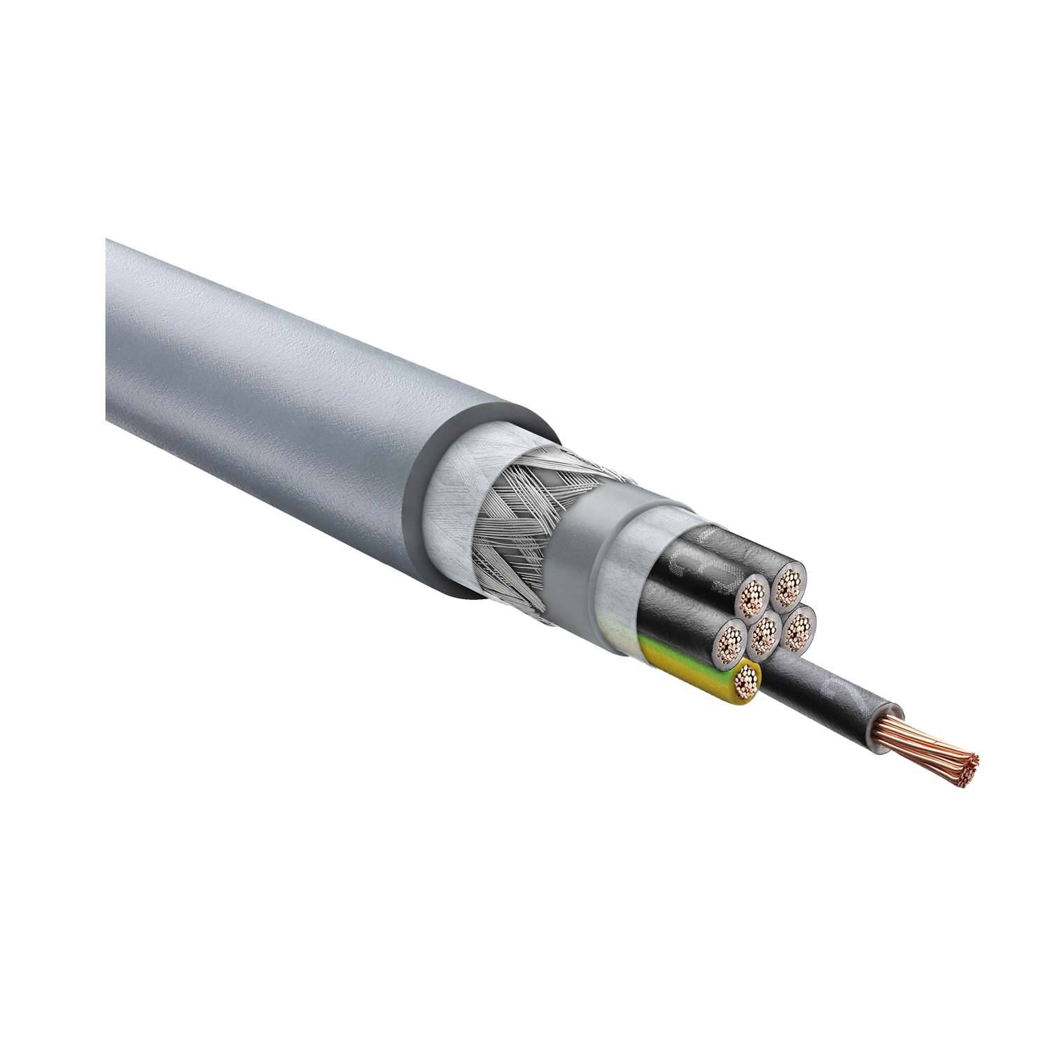 Querschnittsansicht eines mehradrigen Elektrokabels mit Kupferdrähten und Schutzschichten, die seinen Aufbau und die Isolierung hervorheben.