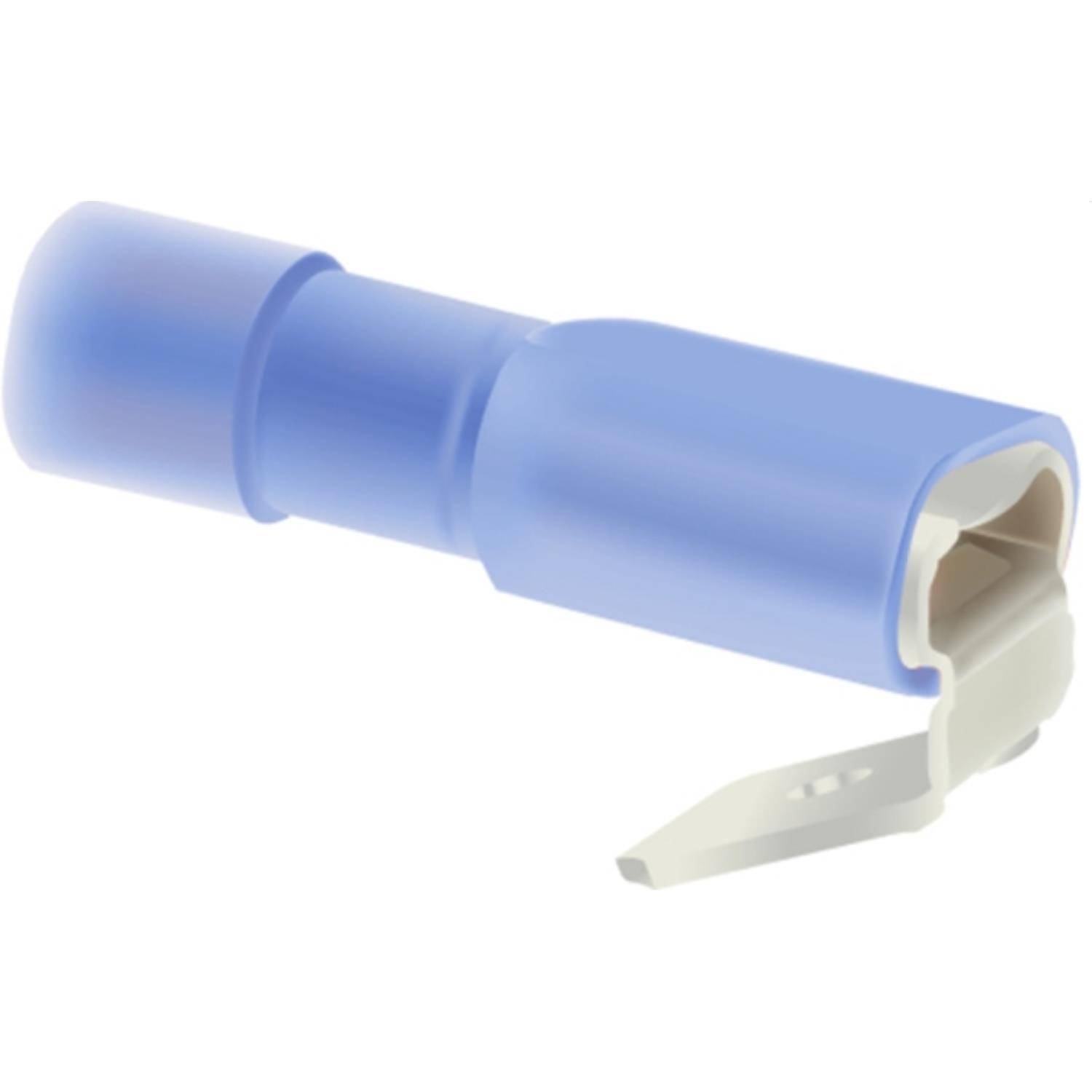 Ein blauer isolierter Kabelverbinder mit einer Metallklemme, der zum Verbinden von elektrischen Leitungen in einem Stromkreis verwendet wird.
