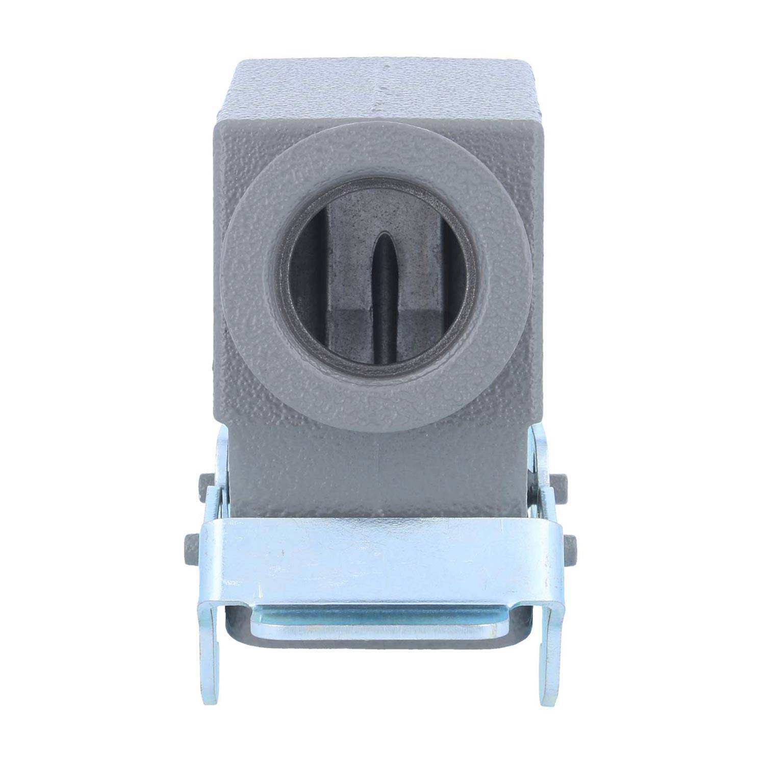 Ein graues Industrieteil mit einer kreisförmigen Öffnung und einem Metallhalter darunter, das in mechanischen oder elektrischen Anwendungen verwendet wird.