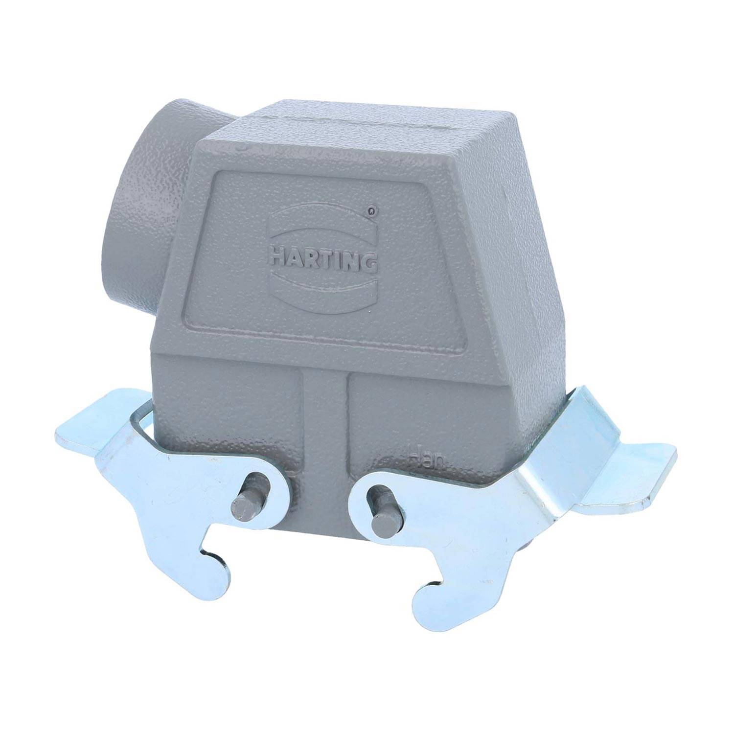 HARTING-Industriesteckverbinder-Gehäuse mit rechteckiger Form und metallischen Verriegelungshaken an beiden Seiten.