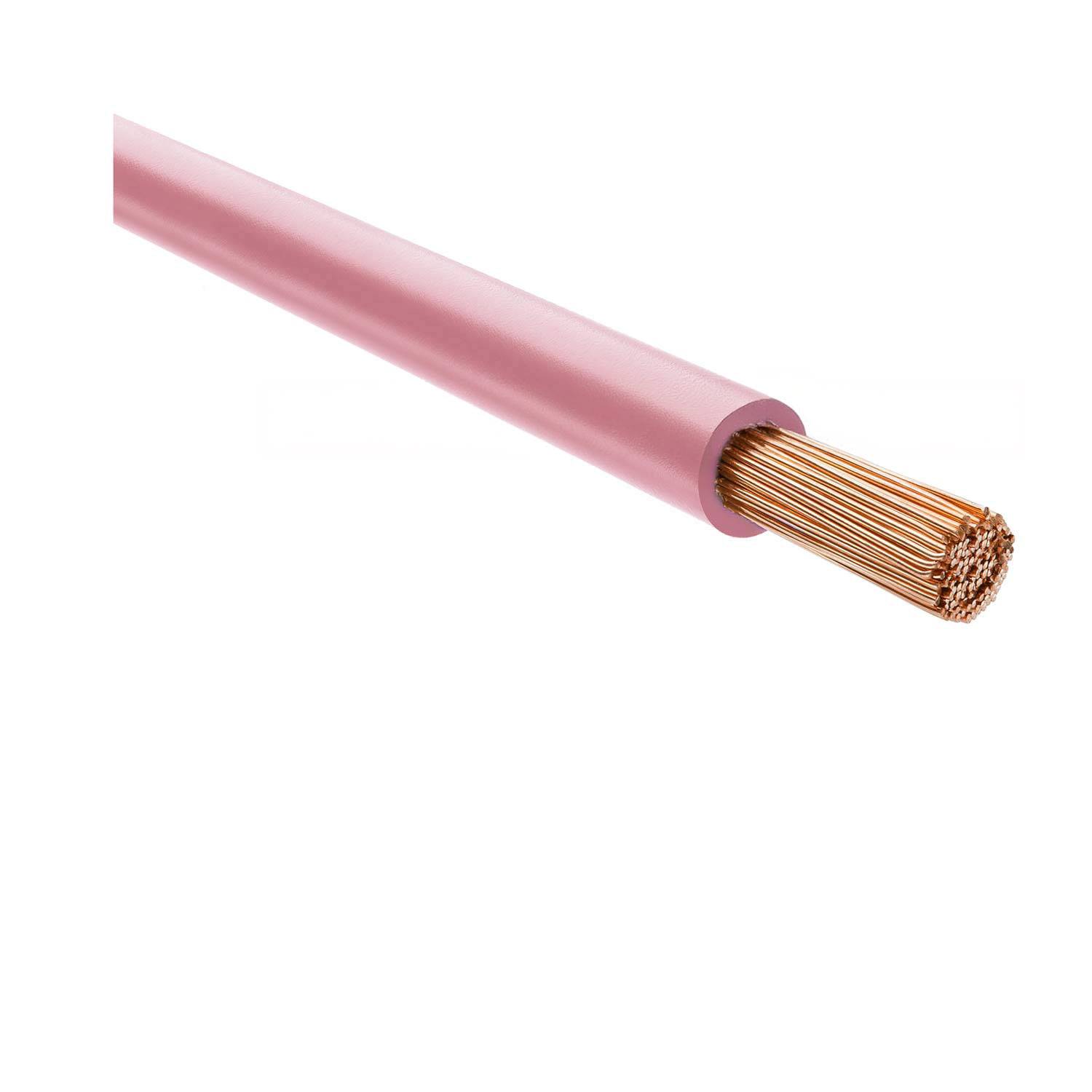 Ein Bündel von Kupferdrähten ist in eine rosa Isolierung eingehüllt und zeigt die Struktur eines elektrischen Kabels.