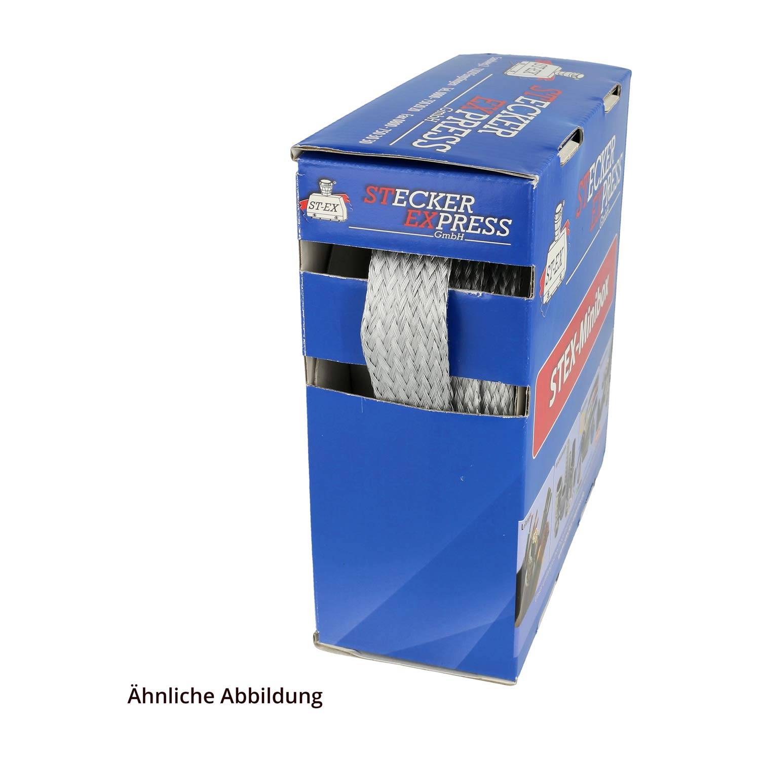 Eine blaue Box mit der Aufschrift 'Stecker Express', an der ein geflochtenes Kabel sichtbar ist, was darauf hindeutet, dass es sich um eine Verpackung für elektrische Kabel oder Anschlüsse handelt.