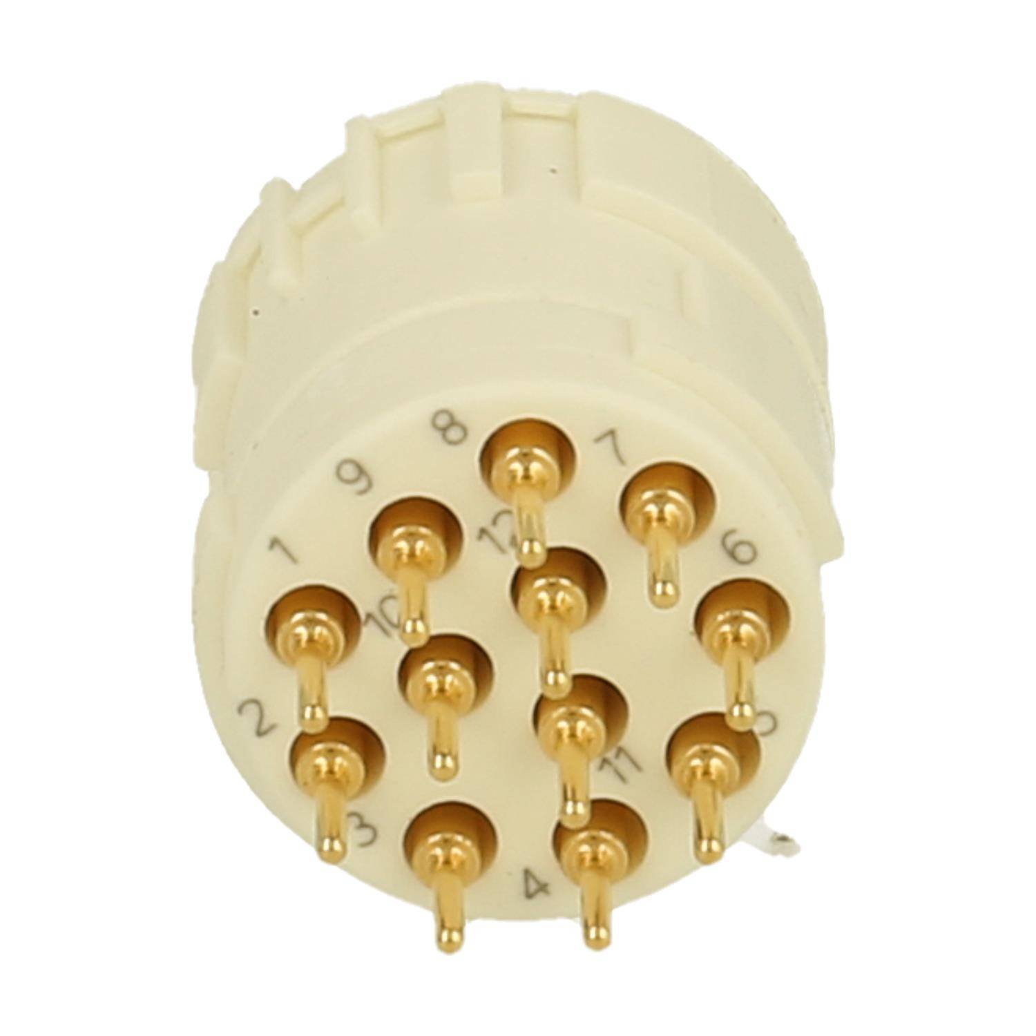 Ein 12-poliger kreisförmiger elektrischer Steckverbinder mit nummerierten vergoldeten Kontakten, der für elektronische oder industrielle Anwendungen verwendet wird.