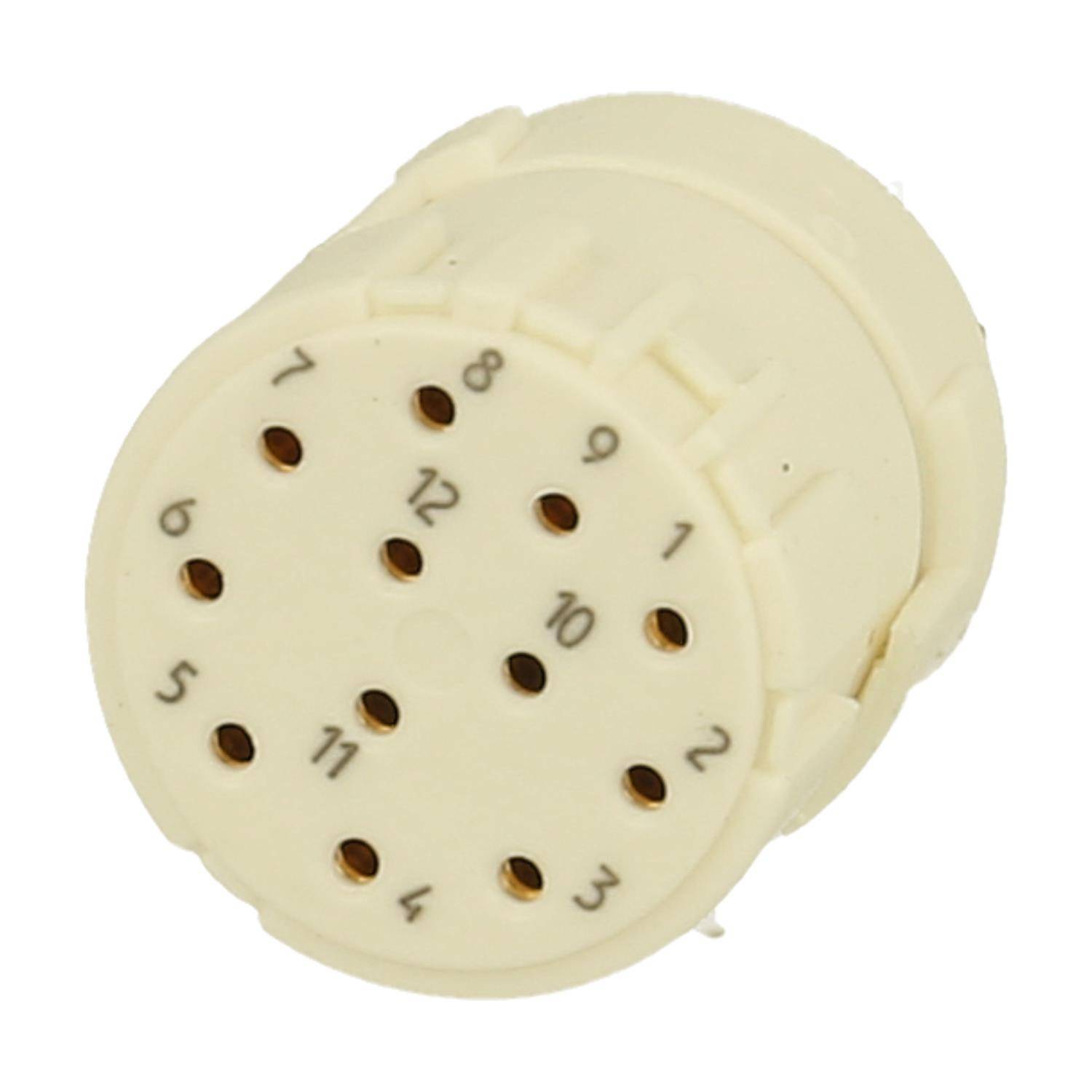 Ein 12-poliger kreisförmiger elektrischer Anschluss mit nummerierten Anschlüssen, der für verschiedene elektronische Anwendungen verwendet wird.