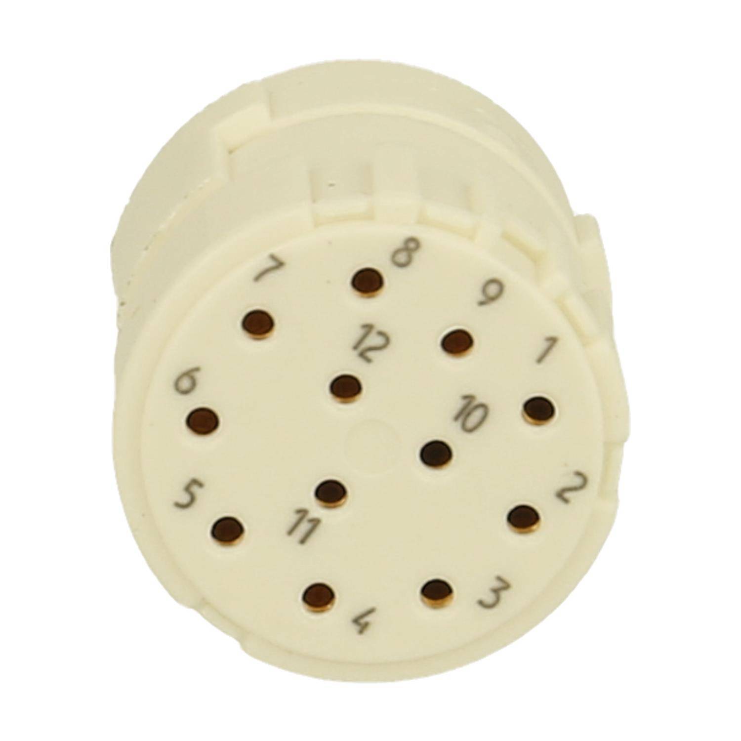 Weißer Rotationsschalter mit nummerierten Ziffernblatt von 1 bis 12, der kreisförmige Löcher versehen mit den entsprechenden Zahlen aufweist.