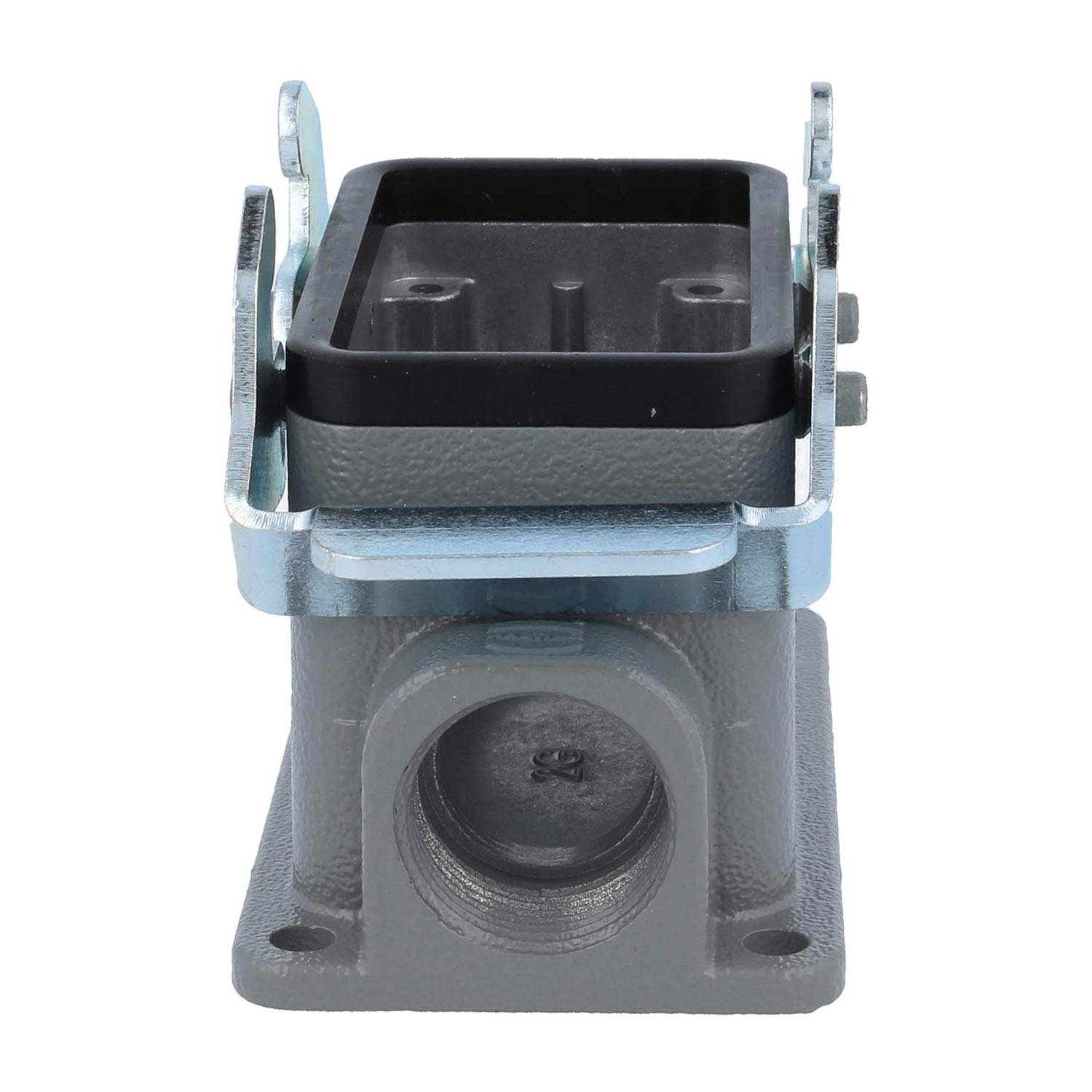 Ein Metallgehäuse für industrielle Verbinder mit Montageelementen und einer rechteckigen Öffnung an der Oberseite.