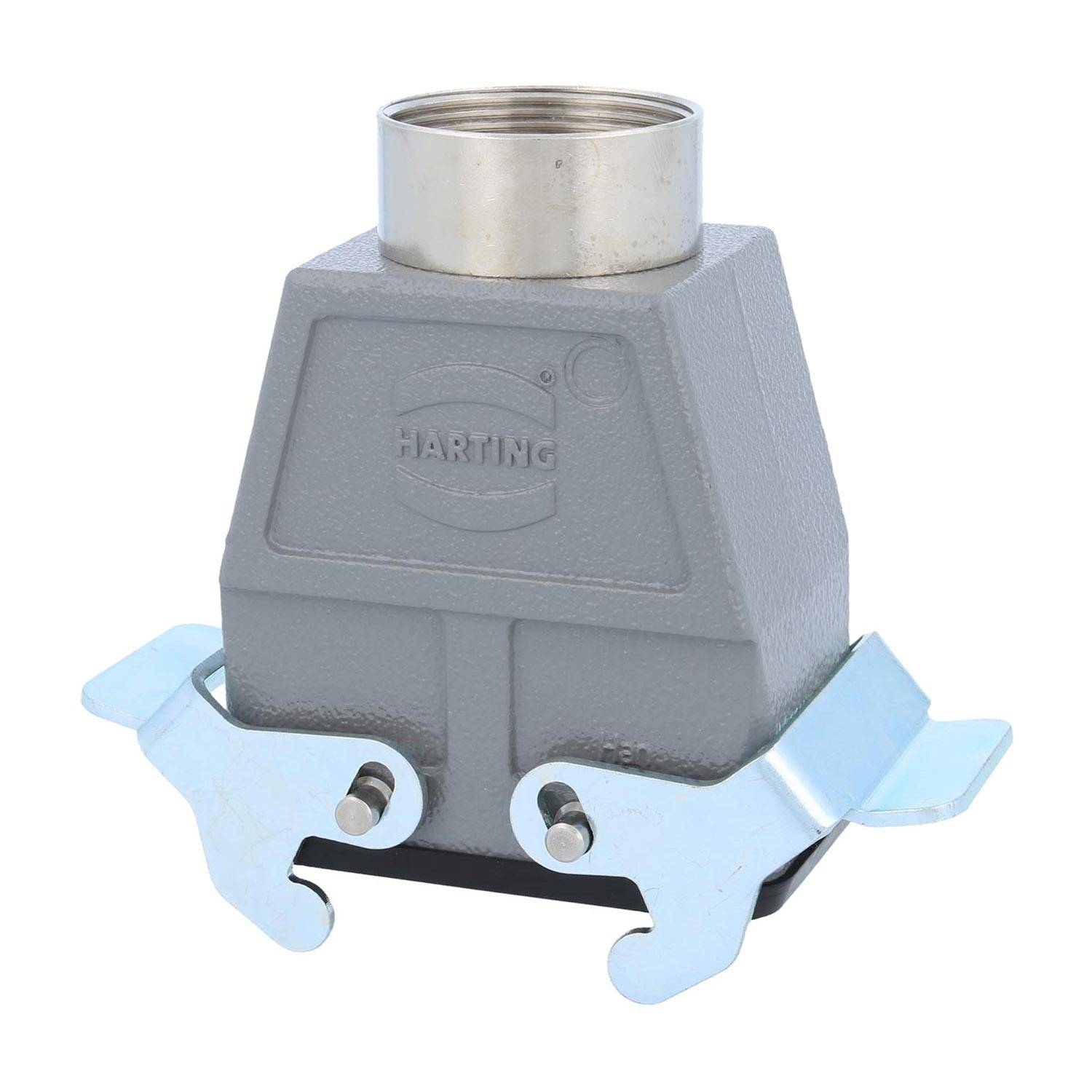 Harting-Industrieanschluss mit Metallgehäuse, versehen mit einem verschraubbaren Deckel zur Befestigung und einem sicheren Verriegelungsmechanismus an der Basis.