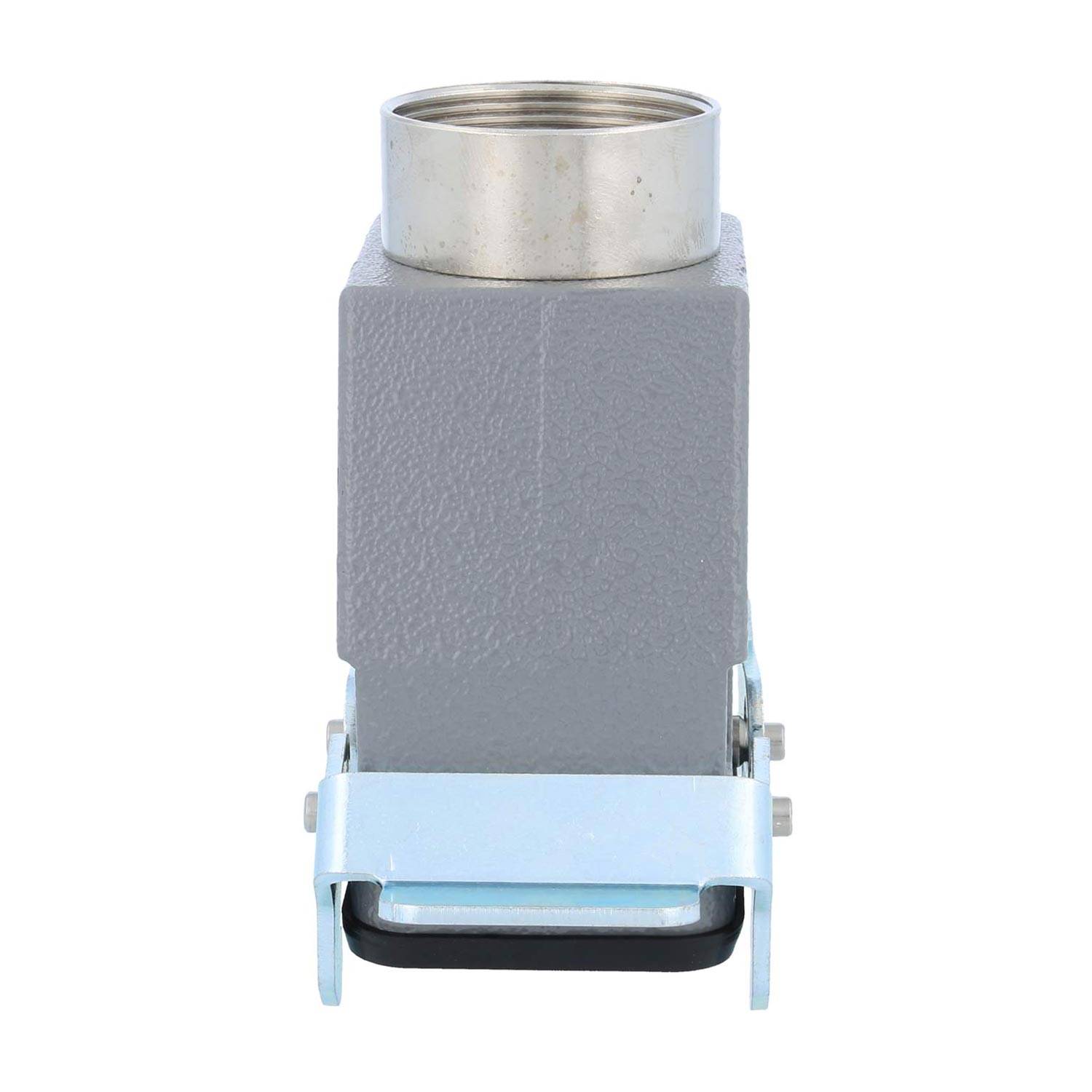 Ein grauer robuster rechteckiger Industrieverbinder aus Metall mit Deckel und Verriegelungsmechanismus, der für elektrische oder mechanische Systeme verwendet wird.