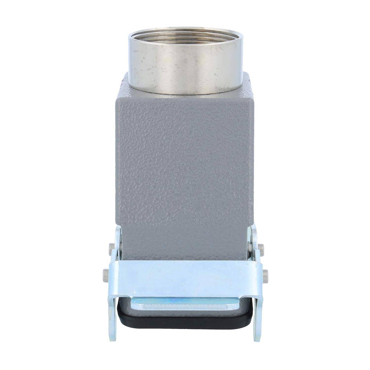 Ein grauer industrieller Steckverbinder mit einem Metallgehäuse und einem Riegel an der Vorderseite.