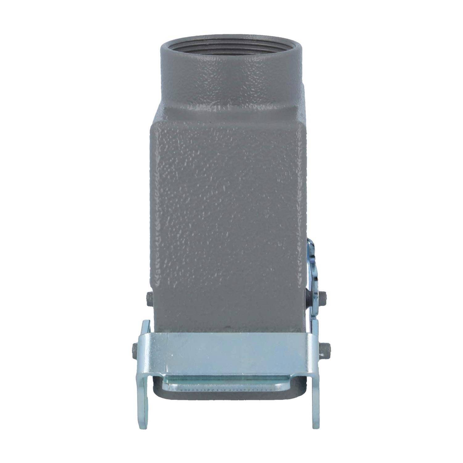 Eine graue rechteckige Metallkomponente mit einer Gewindebohrung an der Oberseite und einer Montagebasis am unteren Ende, die zum Befestigen oder Verbinden verwendet wird.