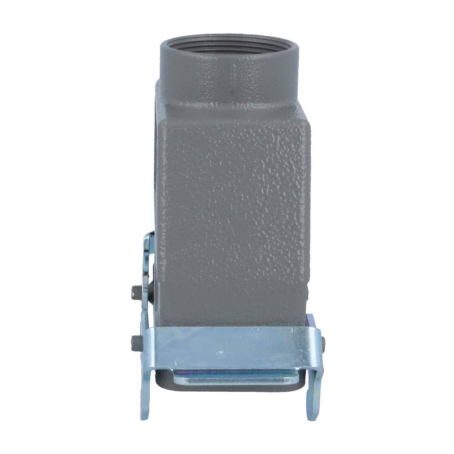 Ein quadratisches graues Metallgehäuse mit einer Gewindebohrung an der Oberseite und einem Metallverschluss an der Basis, verwendet für industrielle elektrische Verbindungen.