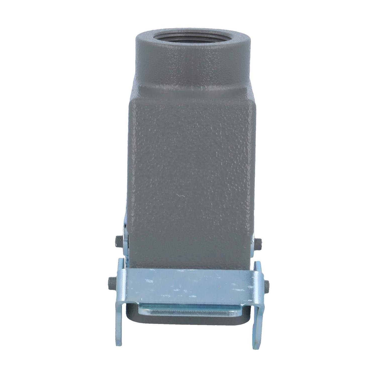 Eine graue industrielle Metallkomponente mit einer quadratischen, geränderten Oberseite und einem blauen Befestigungsbügel, die zum Montieren oder Verbinden von Maschinenteilen verwendet wird.