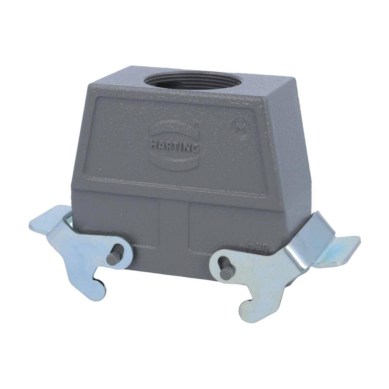 HARTING Elektroverbindungsgehäuse, grau, mit Metallfallen an den Seiten zum Sichern von Komponenten.