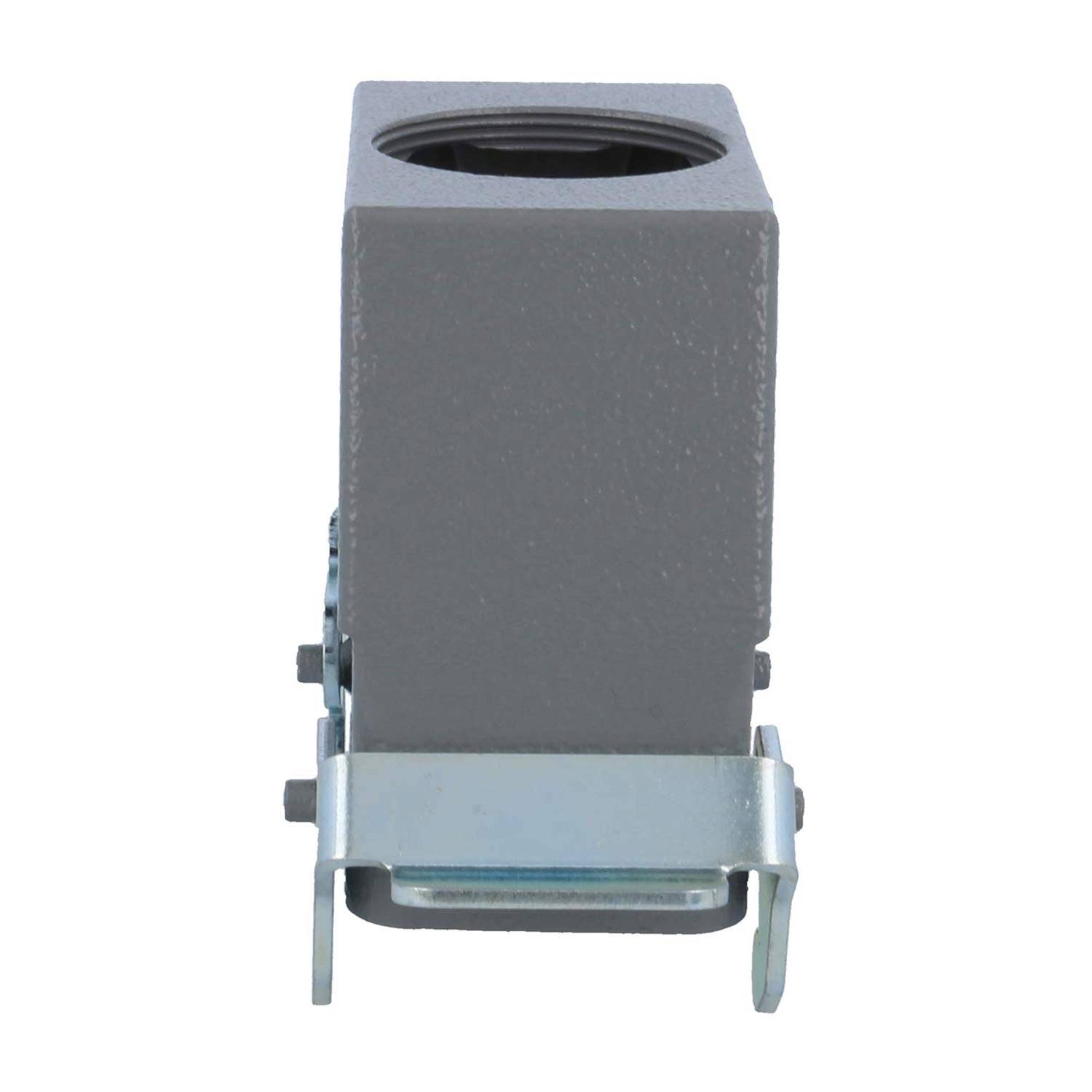 Graue, quadratische Metallhalterung mit einem kreisförmigen Loch an der Oberseite und einer Metallklemme an der Basis, verwendet zur Befestigung von Strukturen.