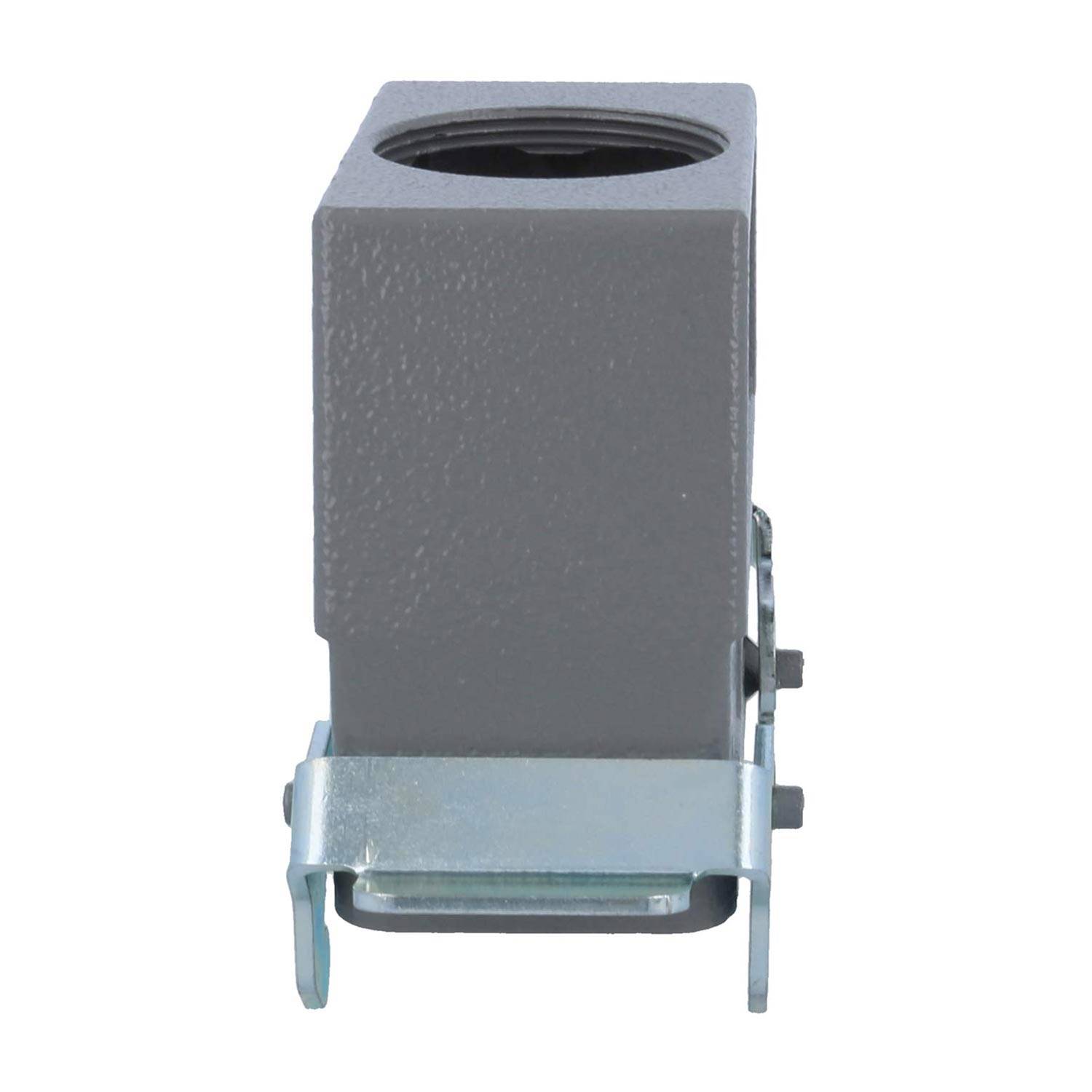 Ein grauer quadratischer Metallpfosten-Halter mit einer glänzenden Metallbasis, der zum Befestigen von Objekten wie Zäunen oder Strukturen an Oberflächen konzipiert ist.
