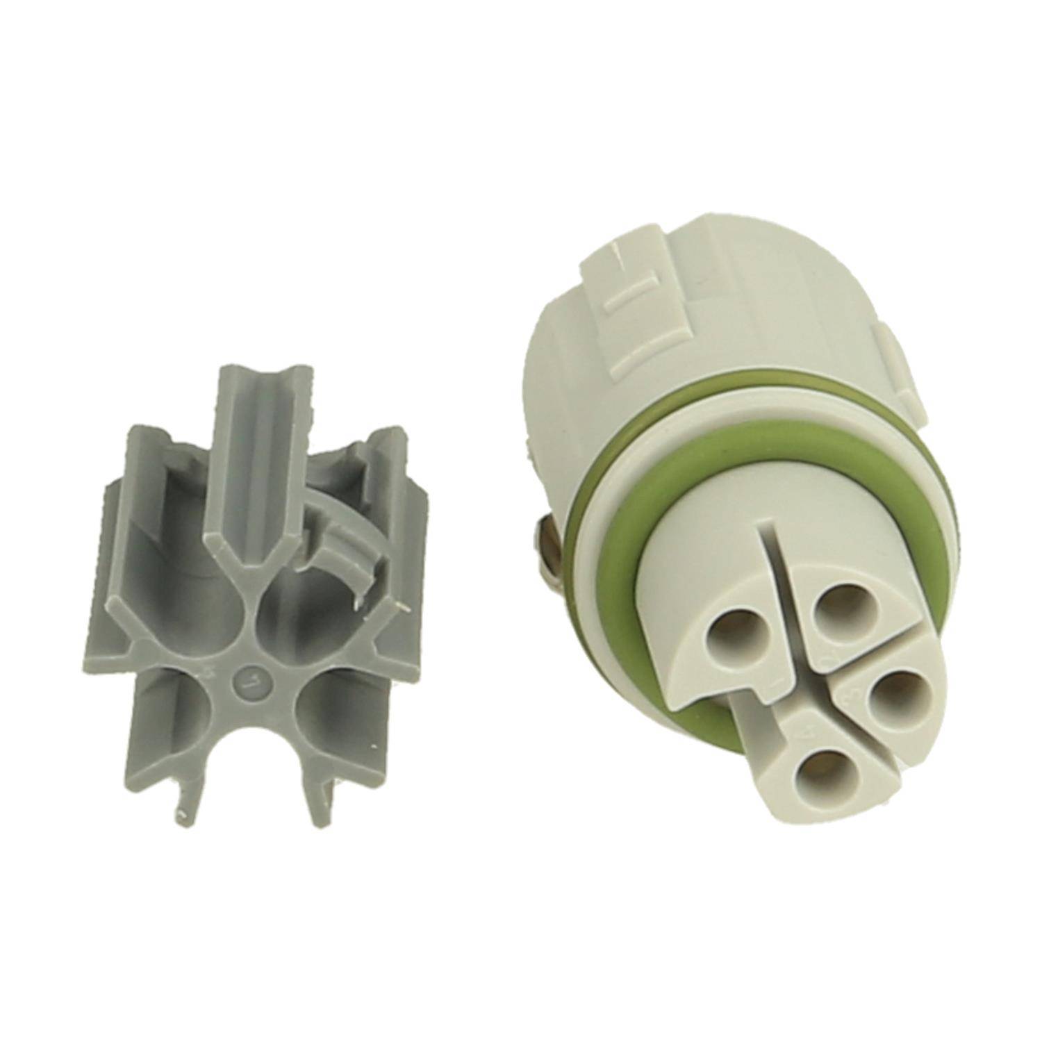 Ein weißer elektrischer Anschluss mit drei kreisförmigen Löchern, neben einem grauen Plastikteil mit sechs Spitzen, das wahrscheinlich zum Sichern oder Verbinden von Komponenten dient.