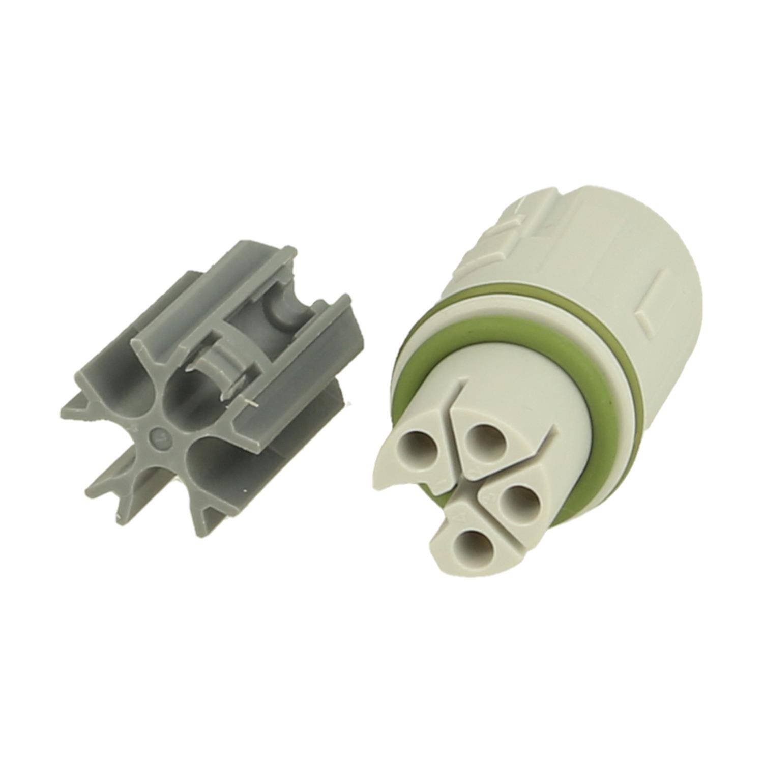 Zweiteiliger elektrischer Verbinder mit grauem Stecker und beigefarbener Buchse, ausgestattet mit mehreren abgerundeten Kontaktstiften. Verwendet zum Verbinden elektrischer Schaltkreise.