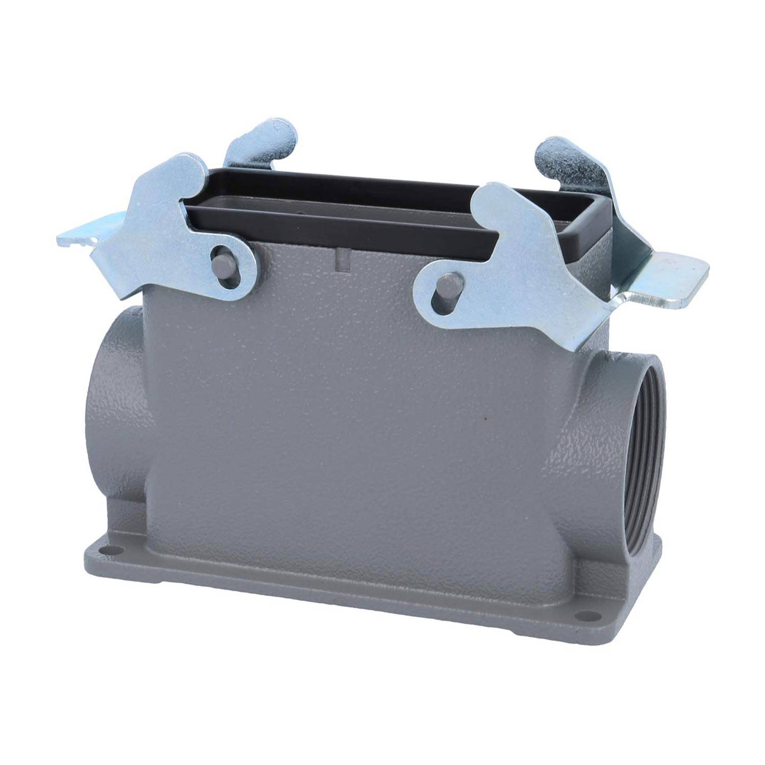 Ein graues, rechteckiges industrielles Anschlussgehäuse mit zwei Metalllaschen oben, das häufig in elektrischen oder mechanischen Anwendungen verwendet wird.