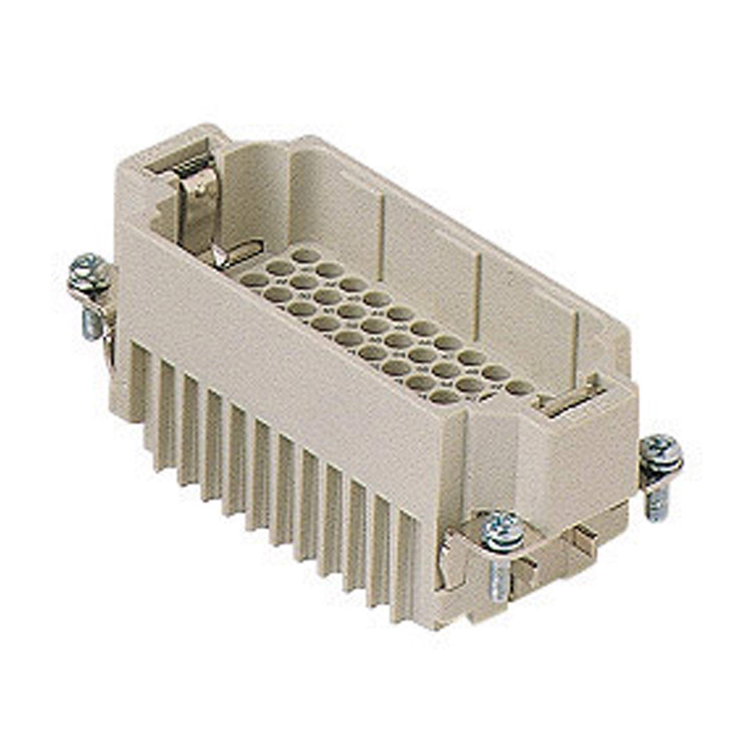 Rechteckiger elektrischer Steckverbinder mit mehreren Pins und Metallschrauben zur sicheren Befestigung, verwendet für industrielle Anwendungen.