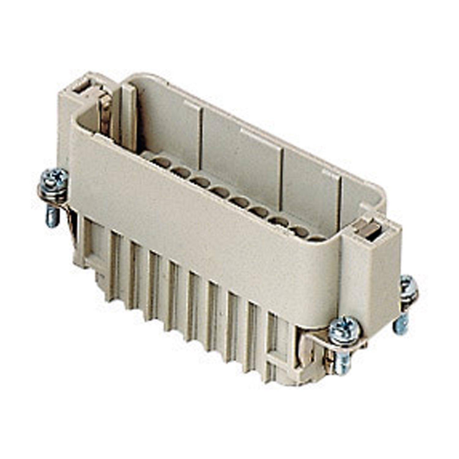 Eine Nahaufnahme eines industriellen elektrischen Steckverbinders mit Schraubbefestigungen und einem beigen, gerippten Kunststoffgehäuse mit mehreren Anschlusslöchern.