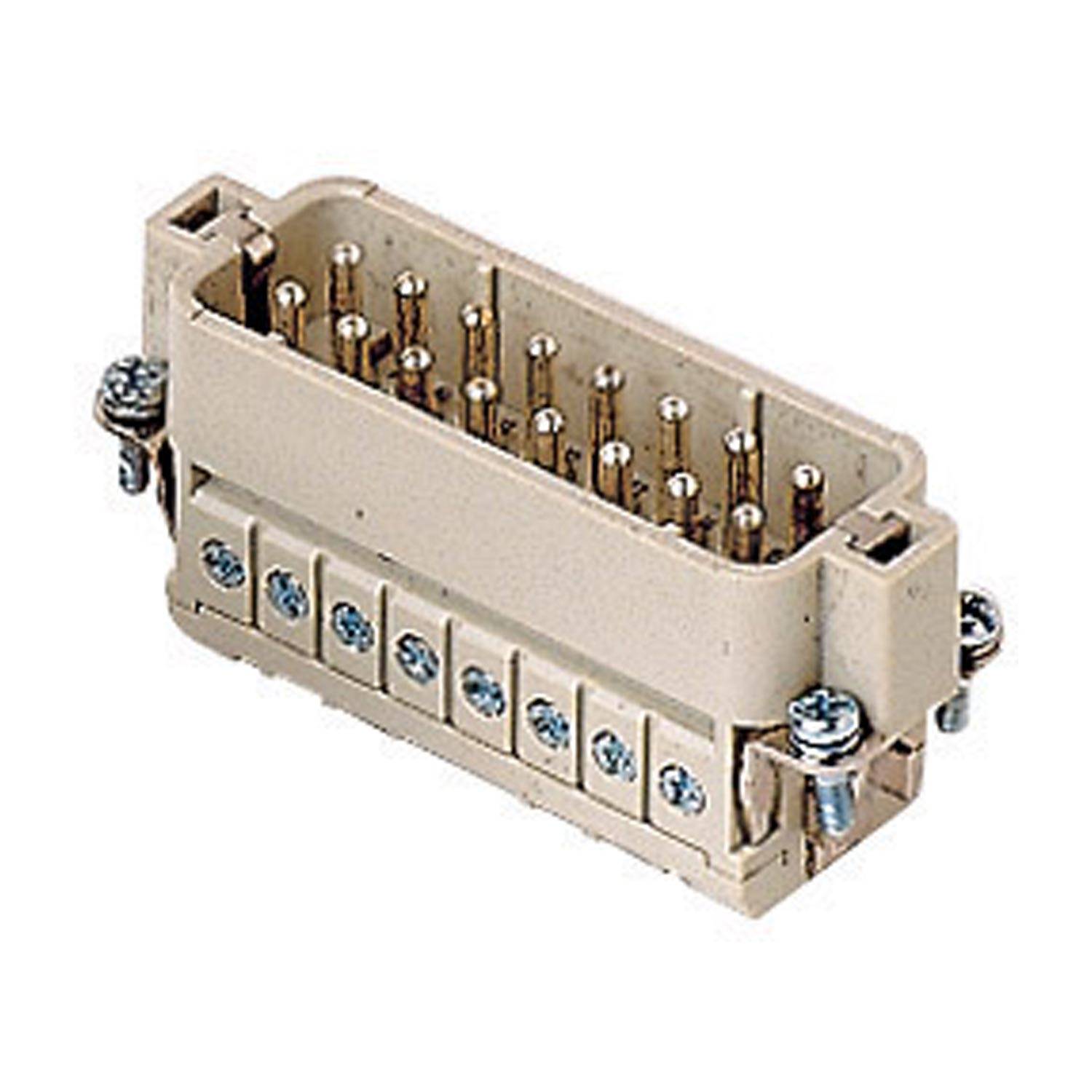 Ein beige-farbener rechteckiger elektrischer Steckverbinder mit mehreren Metallstiften und Schrauben an jeder Seite, der für industrielle Verbindungen verwendet wird.