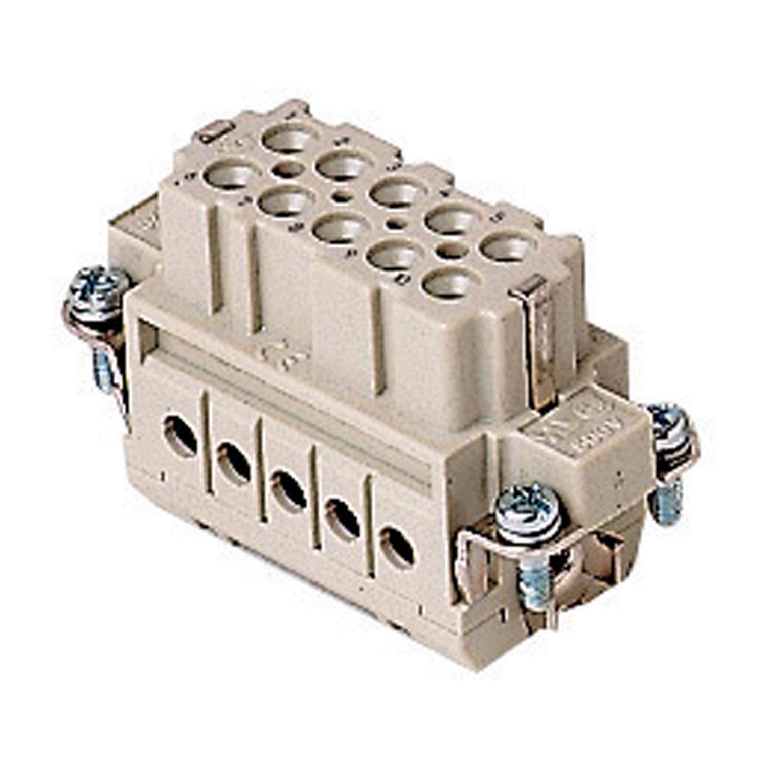 Ein Nahaufnahmebild eines beigen elektrischen Anschlusses mit mehreren kreisförmigen Buchsen und Schraubbefestigungen an den Seiten, verwendet für Verdrahtung.