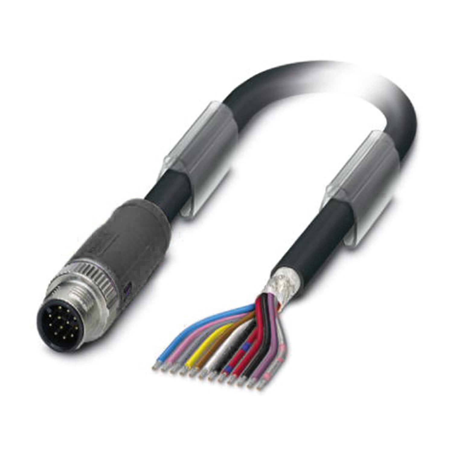 Ein Mehrfachadern-Elektrokabel mit freiliegenden farbcodierten Leitern an einem Ende und einem kreisförmigen Anschluss am anderen Ende, verwendet in der Elektronik.