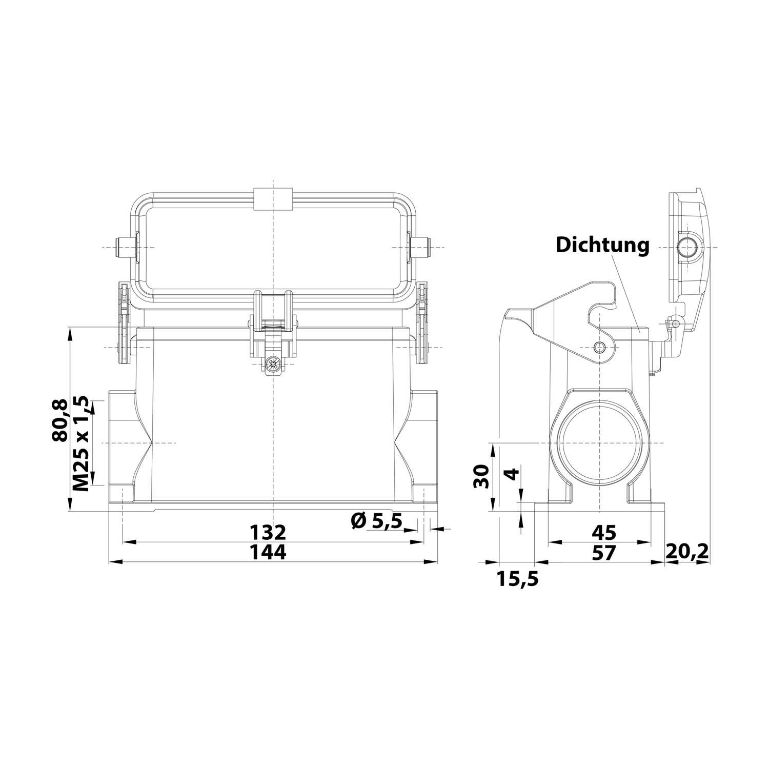 Technische Zeichnung zeigt Abmessungen einer mechanischen Dichtungsvorrichtung, als Dichtung bezeichnet, mit Messungen in Millimetern.