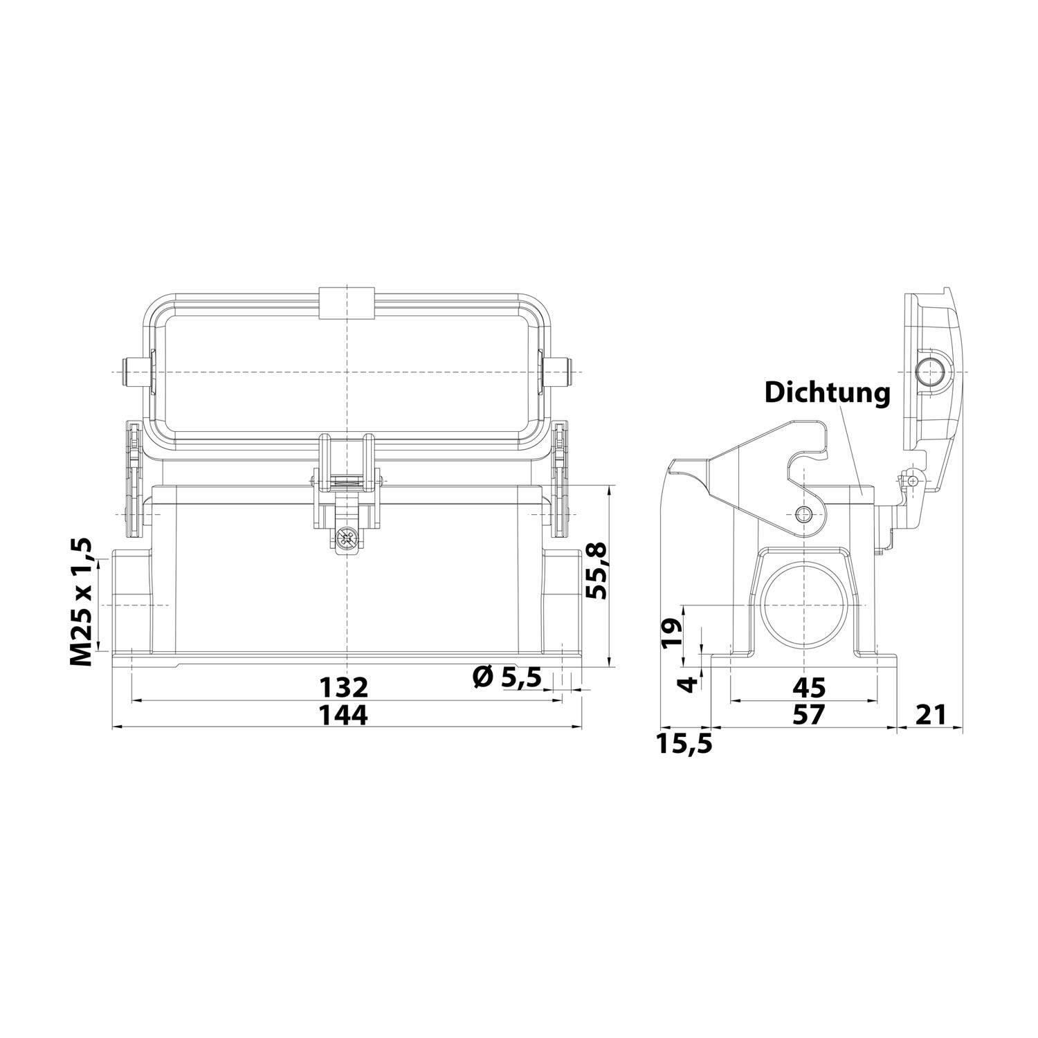 Technische Zeichnung eines mechanischen Bauteils mit Maßen: 132 mm Breite, 55,8 mm Höhe. Beschriftungen umfassen M25 x 1,5, Dichtung, und Messangaben.