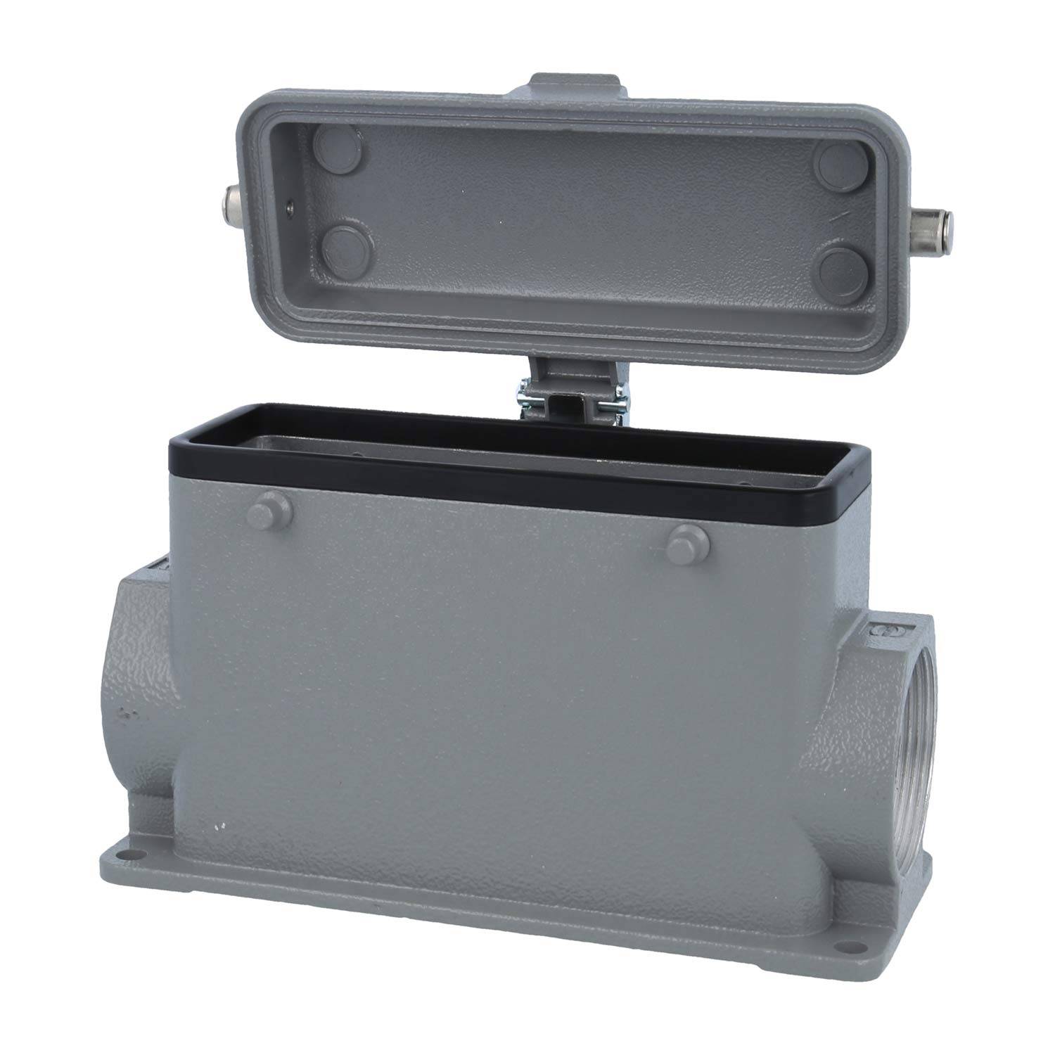 Eine offene rechteckige graue elektrische Verteilerdose, die ihren Innenraum zeigt.