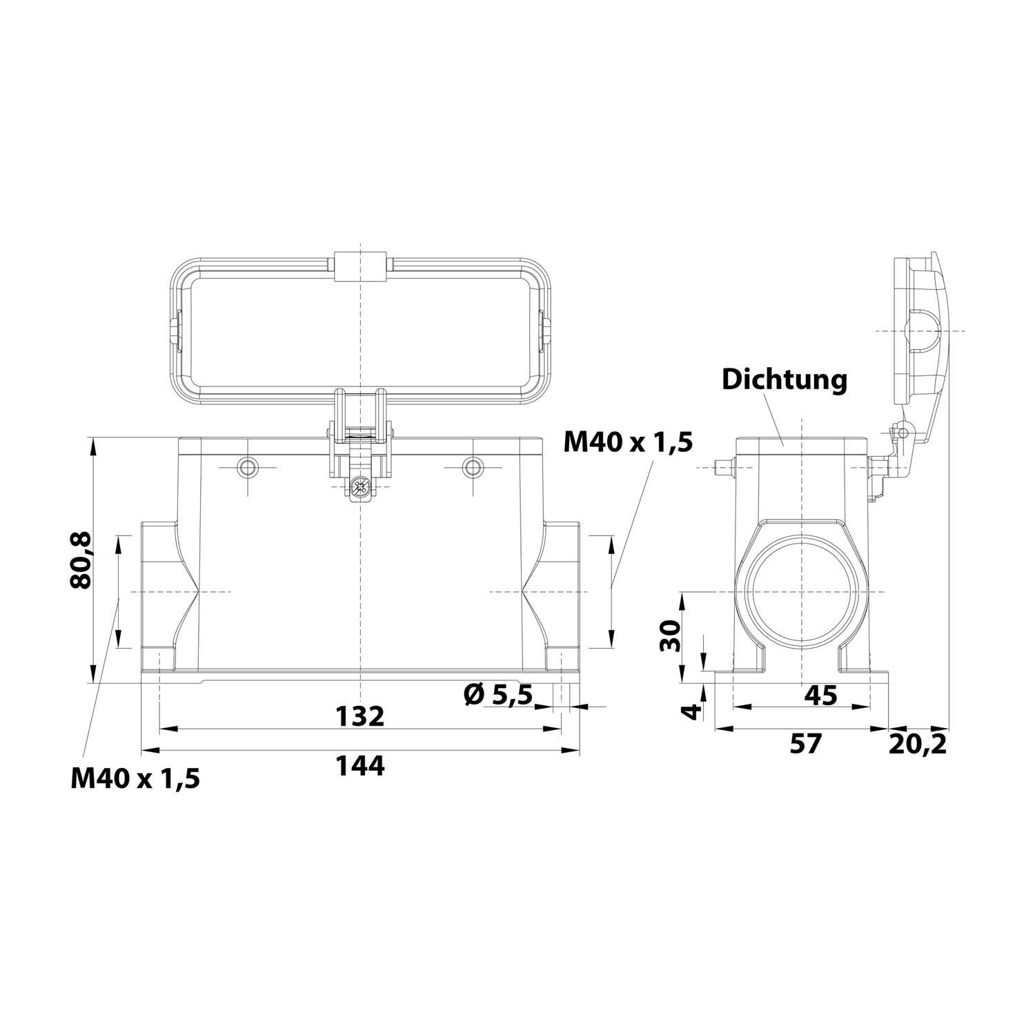 Technische Zeichnung einer Komponente mit Abmessungen und Details. Beschriftungen: M40 x 1,5 und Dichtung. Maße in Millimetern.