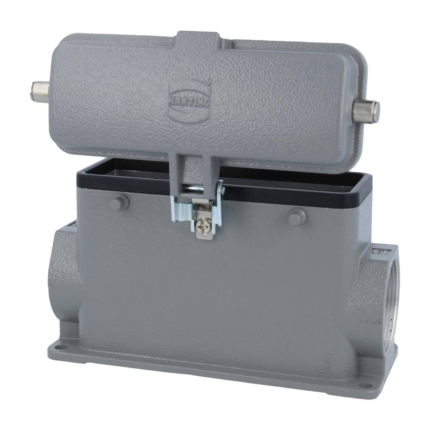 Graues industrielles Anschlussgehäuse mit Deckel, verriegelt; HARTING-Logo auf dem Deckel. Geeignet für robuste elektrische Anwendungen.