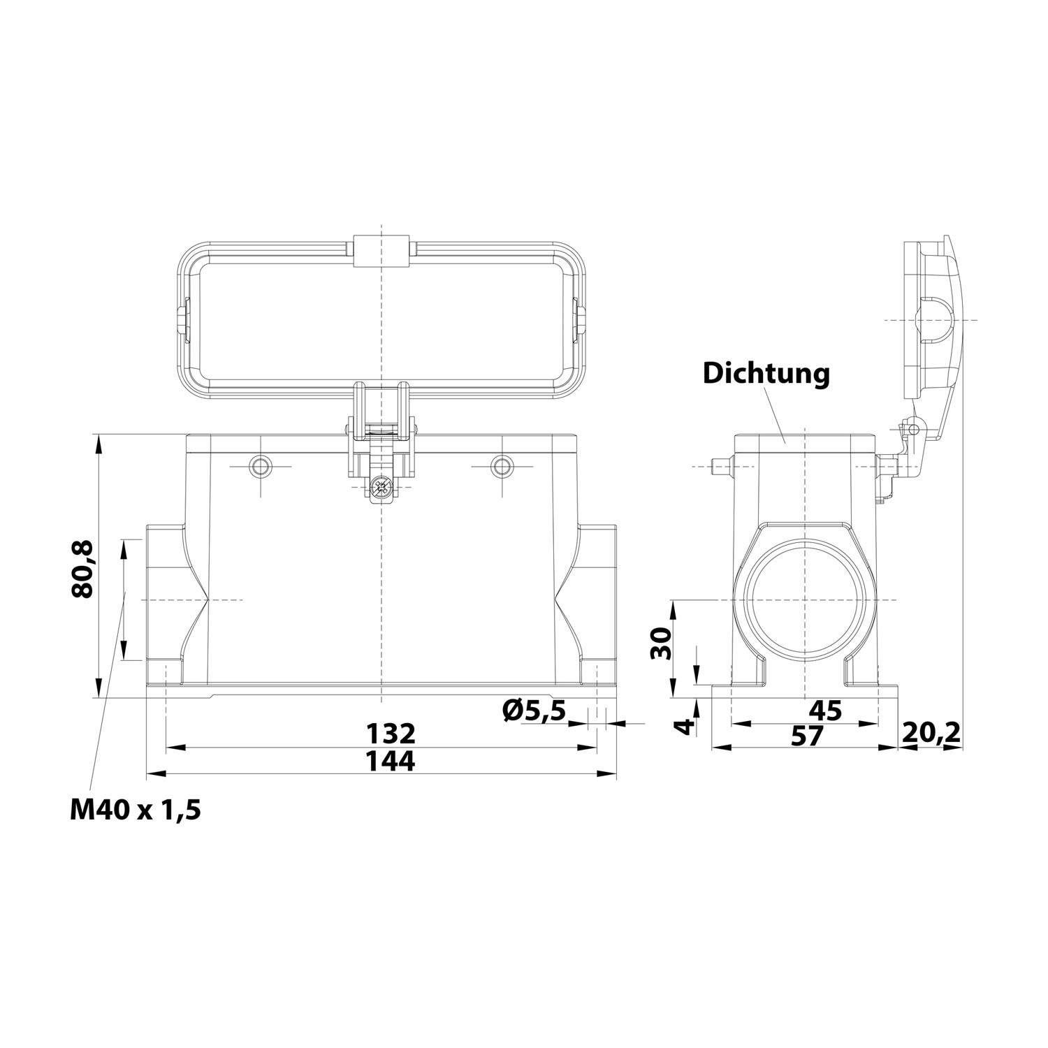 Technische Zeichnung eines mechanischen Bauteils mit Maßangaben in Millimetern. Wichtige Details umfassen Breite, Höhe und Durchmesser der kreisförmigen Abschnitte.