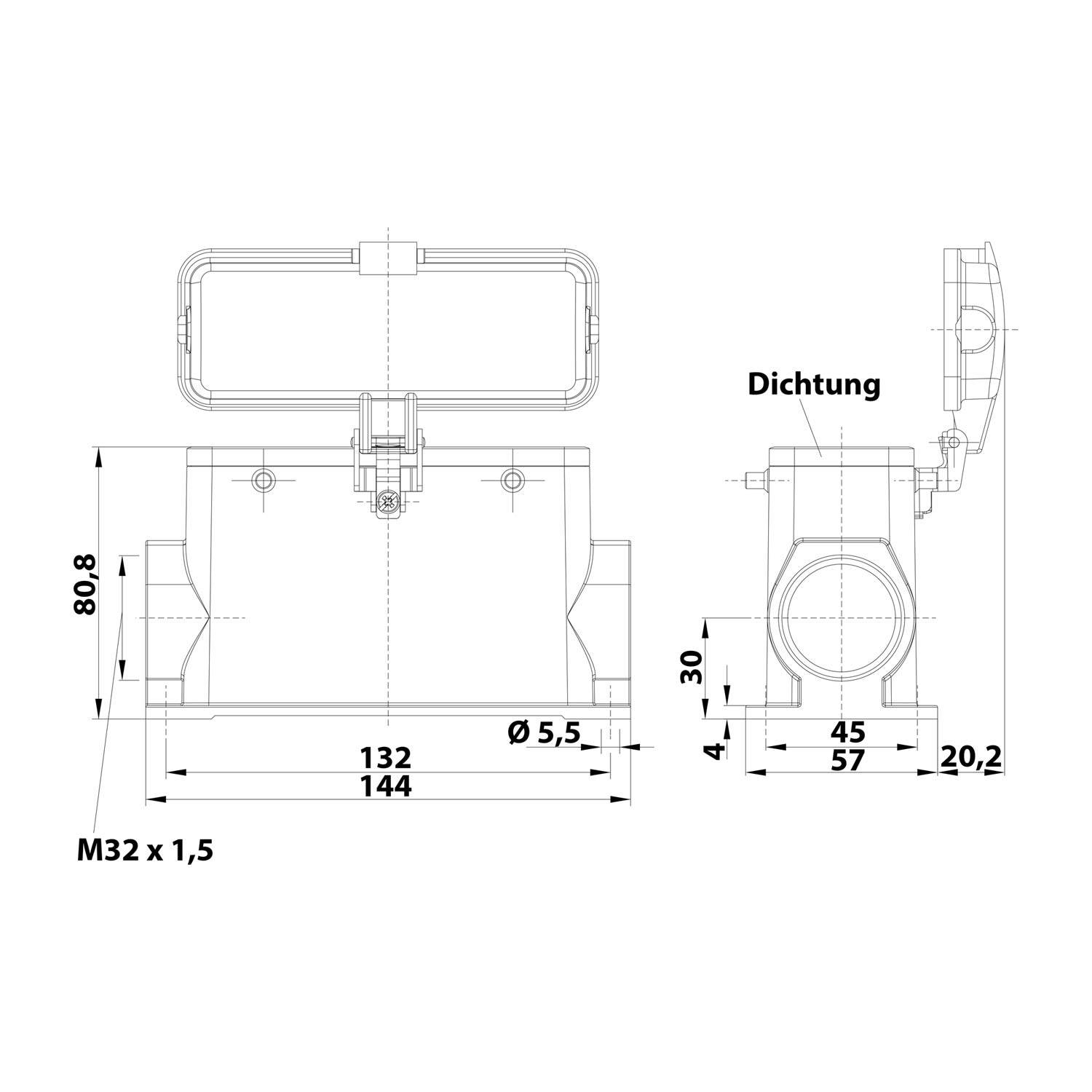 Technische Zeichnung eines mechanischen Bauteils mit Maßen und Anmerkungen für die Montage. Schlüsselmaße: M32x1.5, Ø5.5, 132/144 Breite.