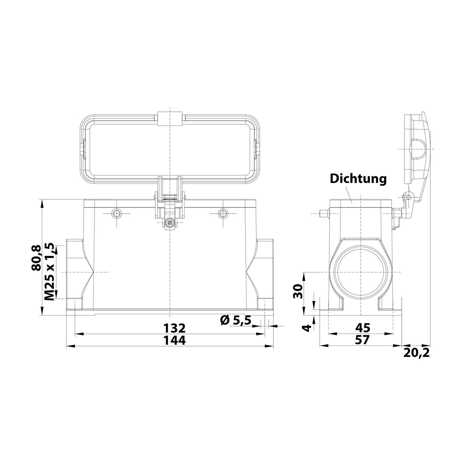 Technische Zeichnung eines mechanischen Bauteils mit Abmessungen: Breite 132 mm, Gesamthöhe 80,8 mm, Tiefe 144 mm, mit verschiedenen Maßangaben.