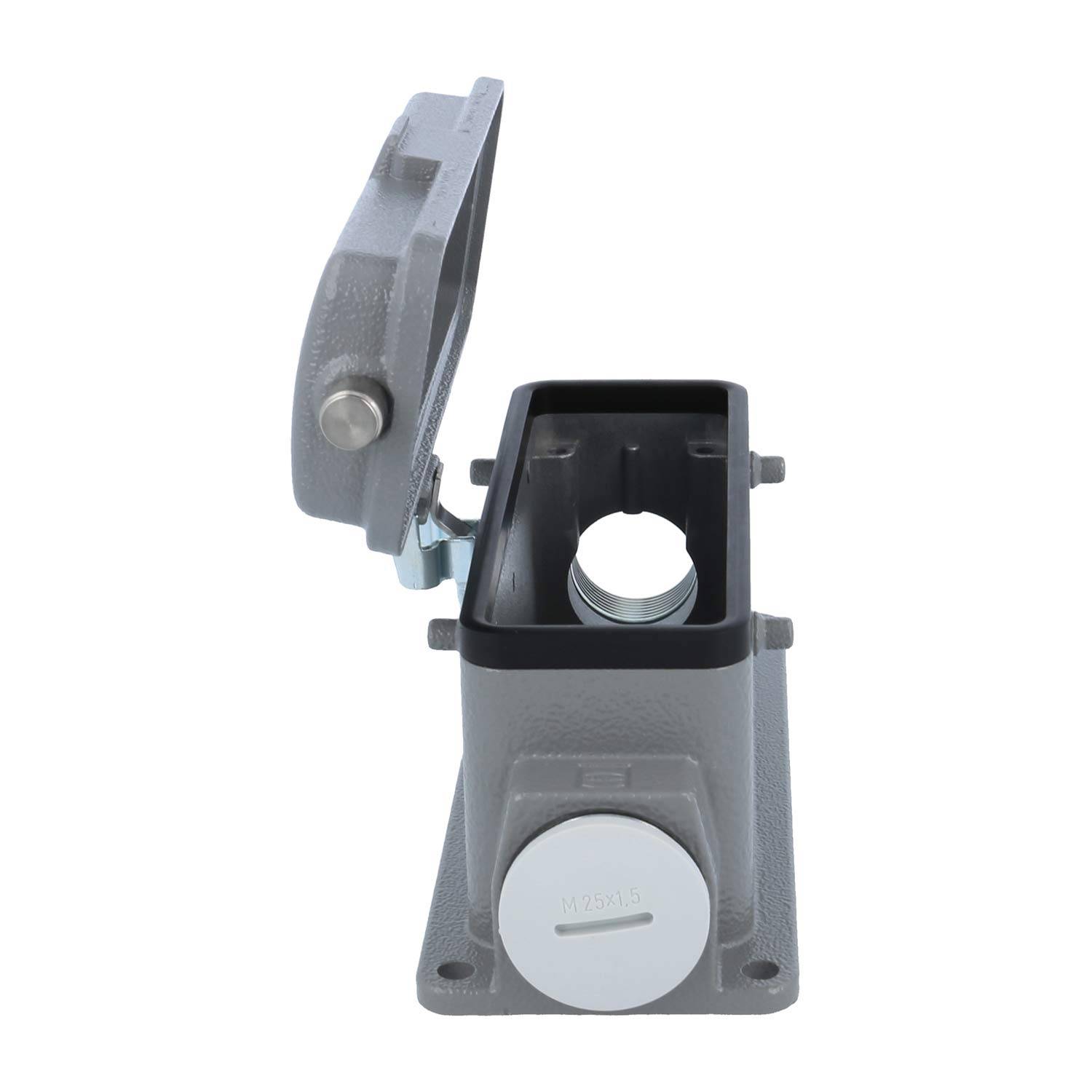 Ein grauer Metallschaltschrank mit offener Abdeckung, der eine kreisförmige Öffnung im Inneren freigibt. An der Vorderseite ist eine weiße Kappe angebracht.