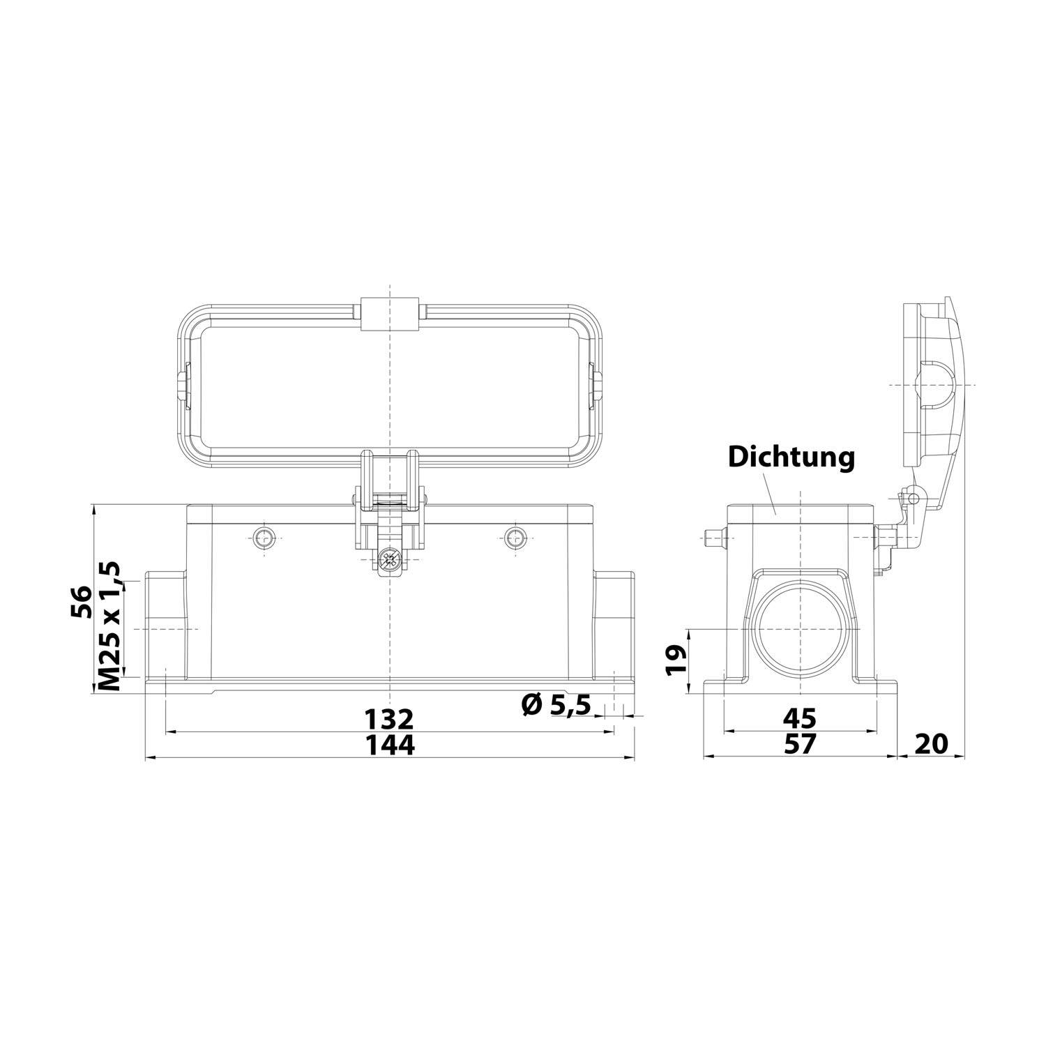 05300242273 HARTING Han 24B Sockelgehäuse niedrig, 1xM25 seitlicher Kabelabgang, für 2 Bügel (am Oberteil) mit