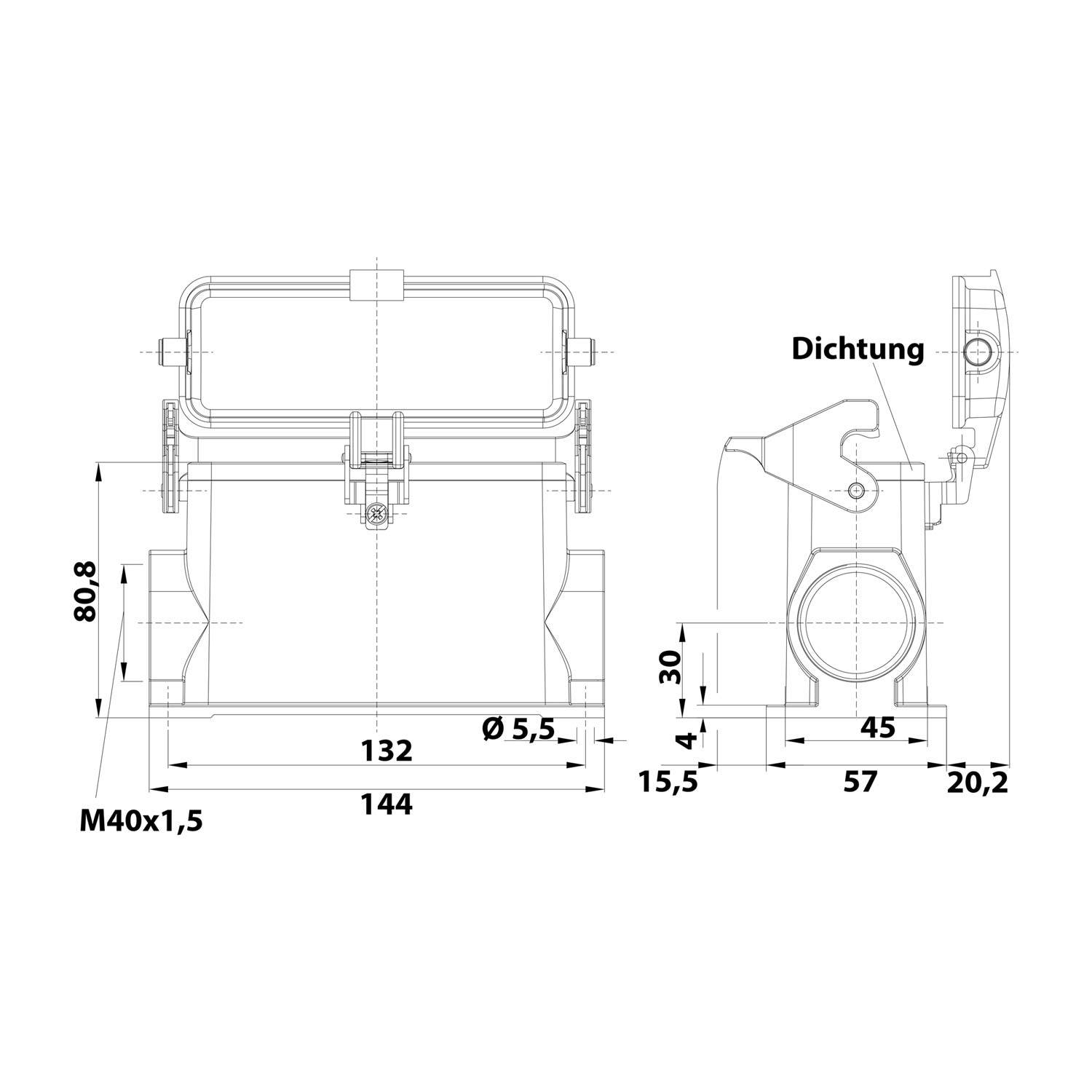 05300242272 HARTING Han 24B Sockelgehäuse hoch, 1xM40 seitlicher Kabelabgang, mit 1 Längsbügel mit Schutzkappe Metall -