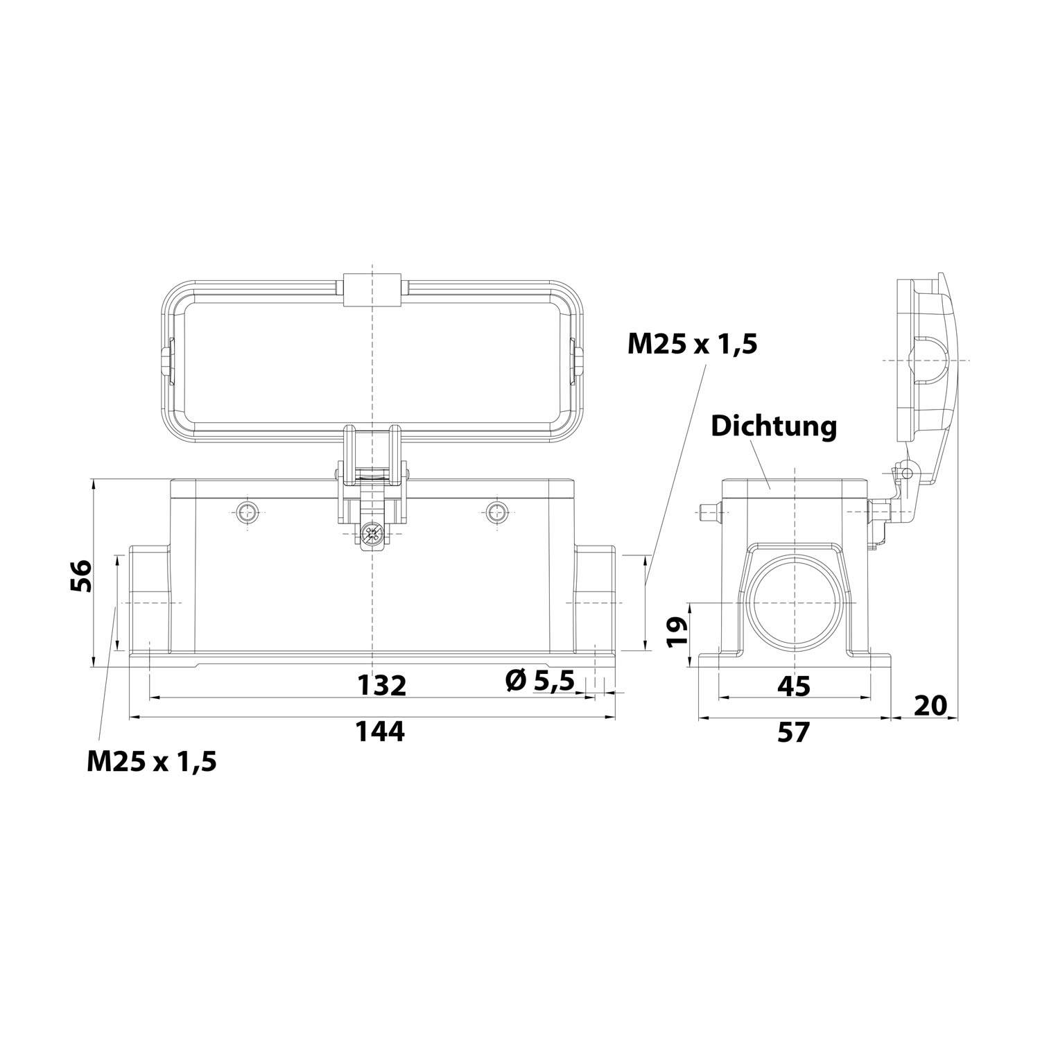 Technische Zeichnung einer Vorrichtung mit Abmessungen: 144 mm Länge, 56 mm Höhe. Wichtige Beschriftungen beinhalten M25 x 1,5, Ø5,5 und Dichtung.