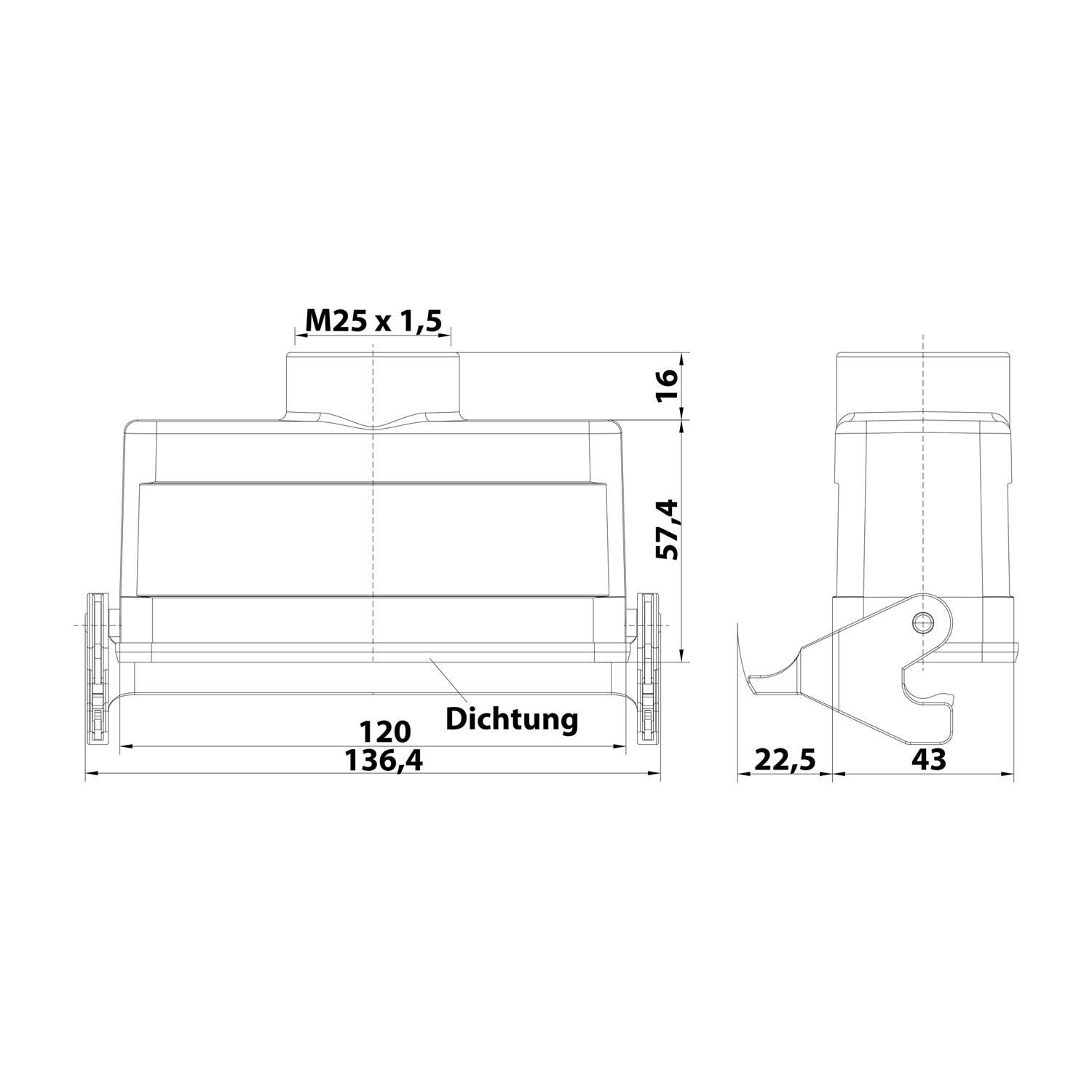 Technische Zeichnung einer mechanischen Komponente mit in Millimetern beschrifteten Abmessungen, die Breite, Höhe und spezifische Merkmale detailliert darstellt.