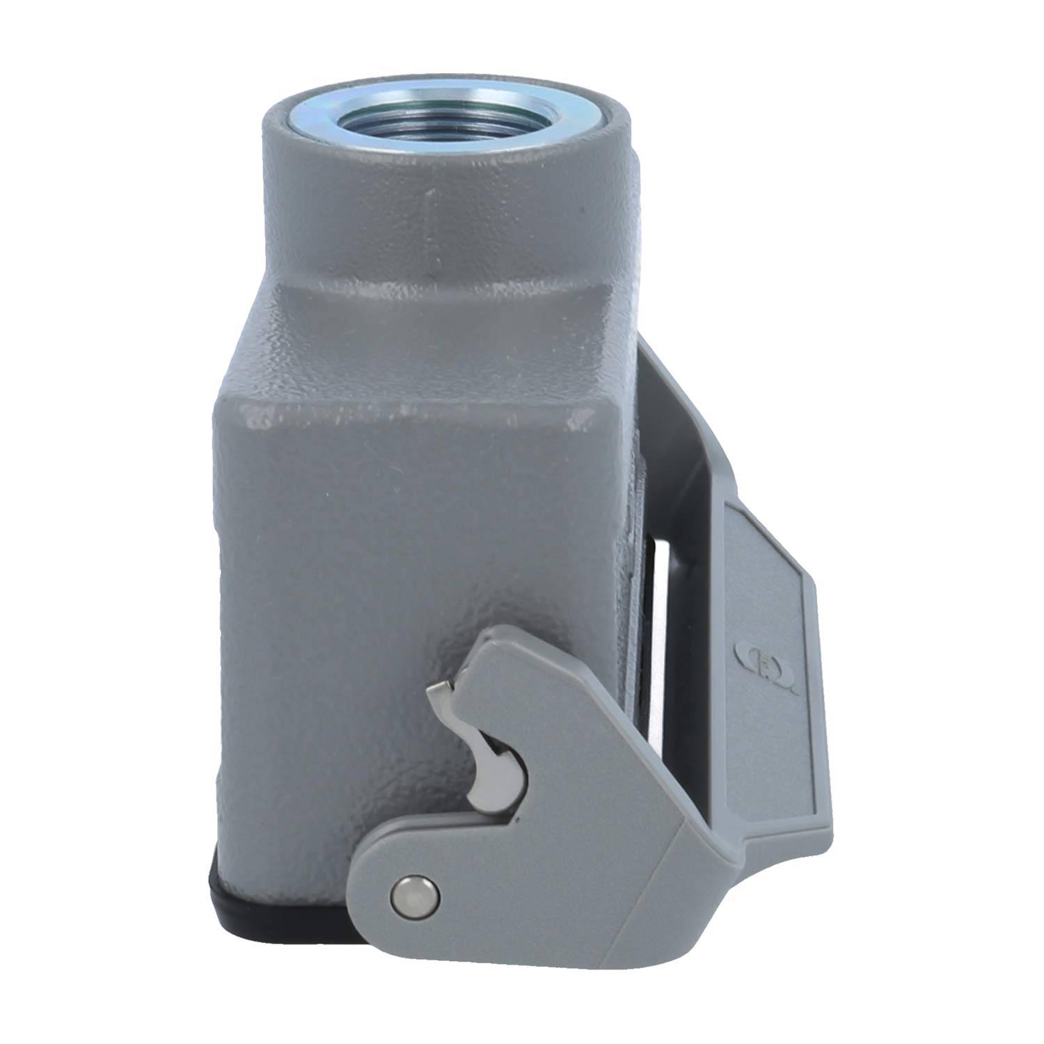 Ein grau-industrielles elektrisches Verbindungsgehäuse mit einem Metalldrehriegel an der Seite, verwendet zum Sichern von Kabeln oder Komponenten.